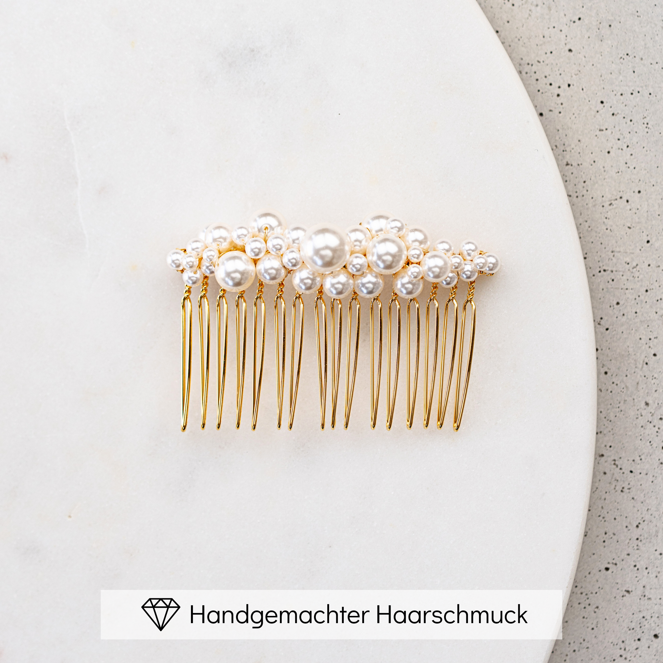 Perlenbräute Wilma Haarkamm Braut-Haarschmuck Gold Perlen 7 cm