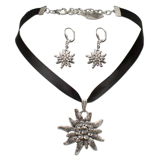 Alpenflüstern Daheim SET020 Trachtenset schwarz Satin Edelweiss
