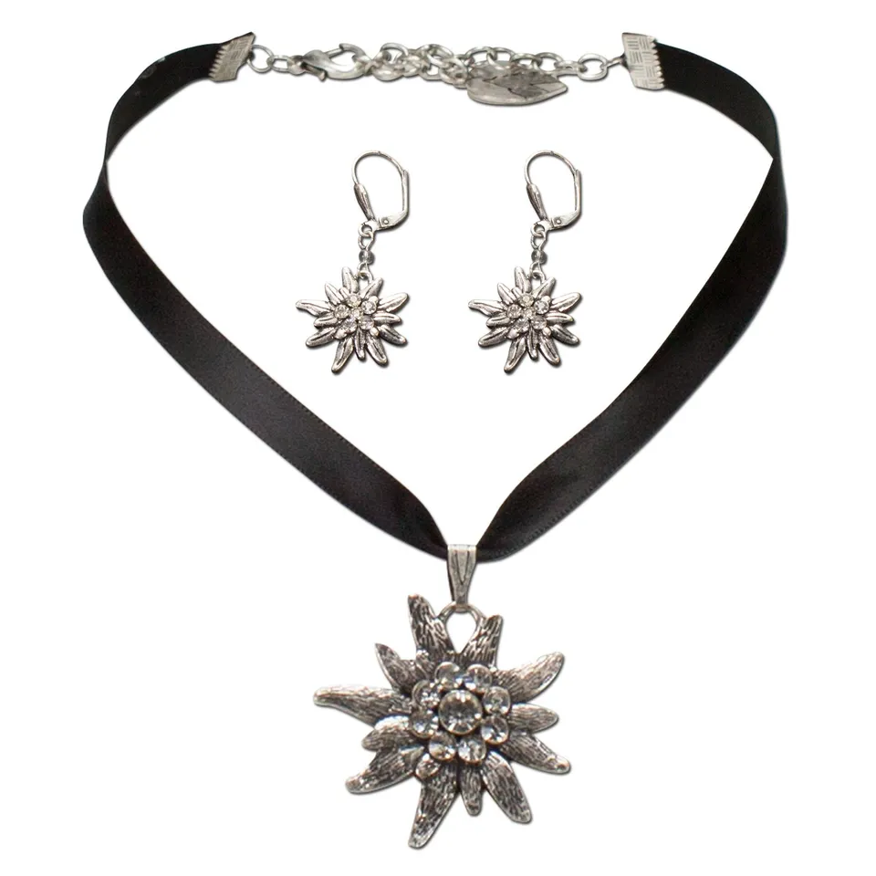 Alpenflüstern Daheim SET020 Trachtenset schwarz Satin Edelweiss