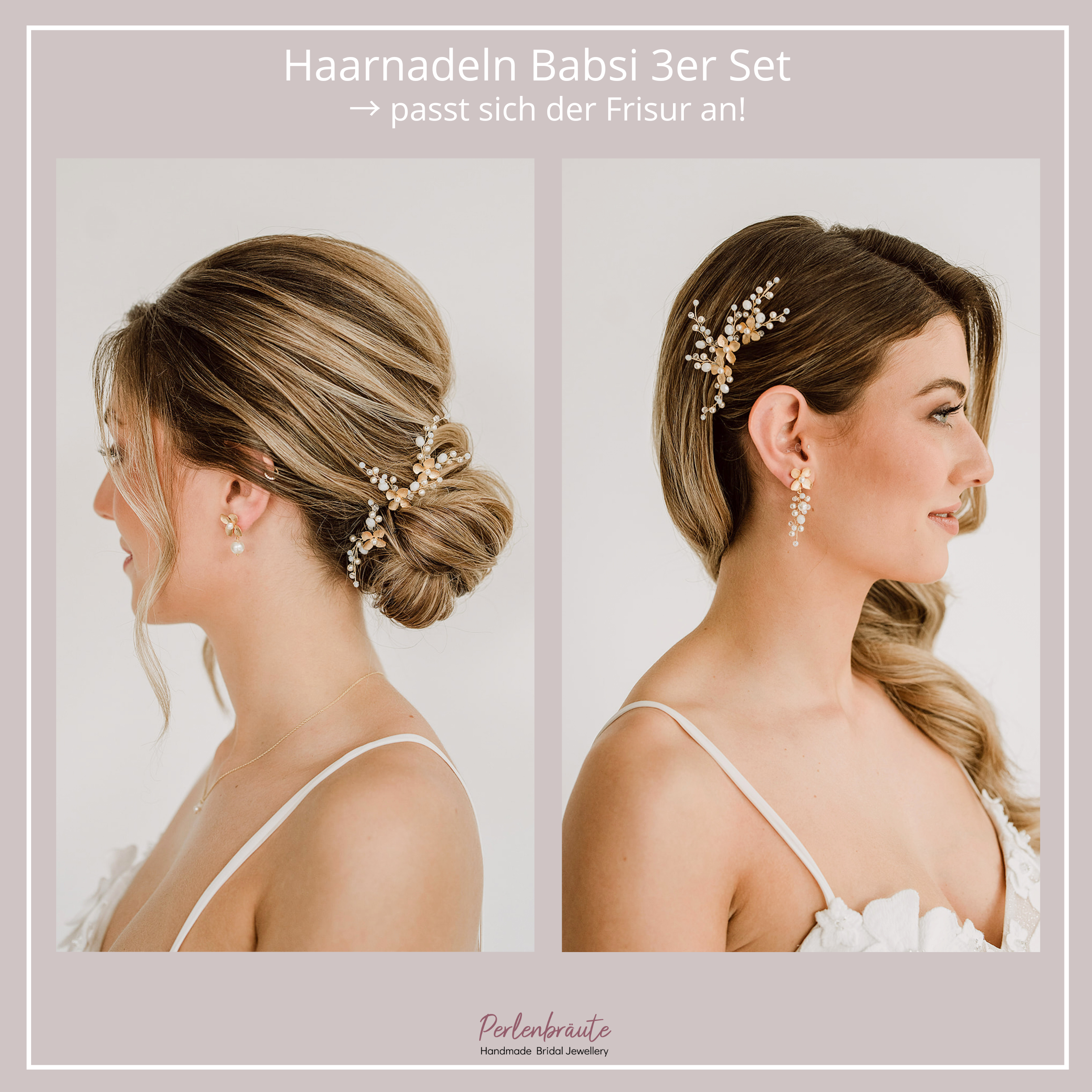 Perlenbräute Haarschmuck Babsi Haarnadeln Gold 3er Set Blüten