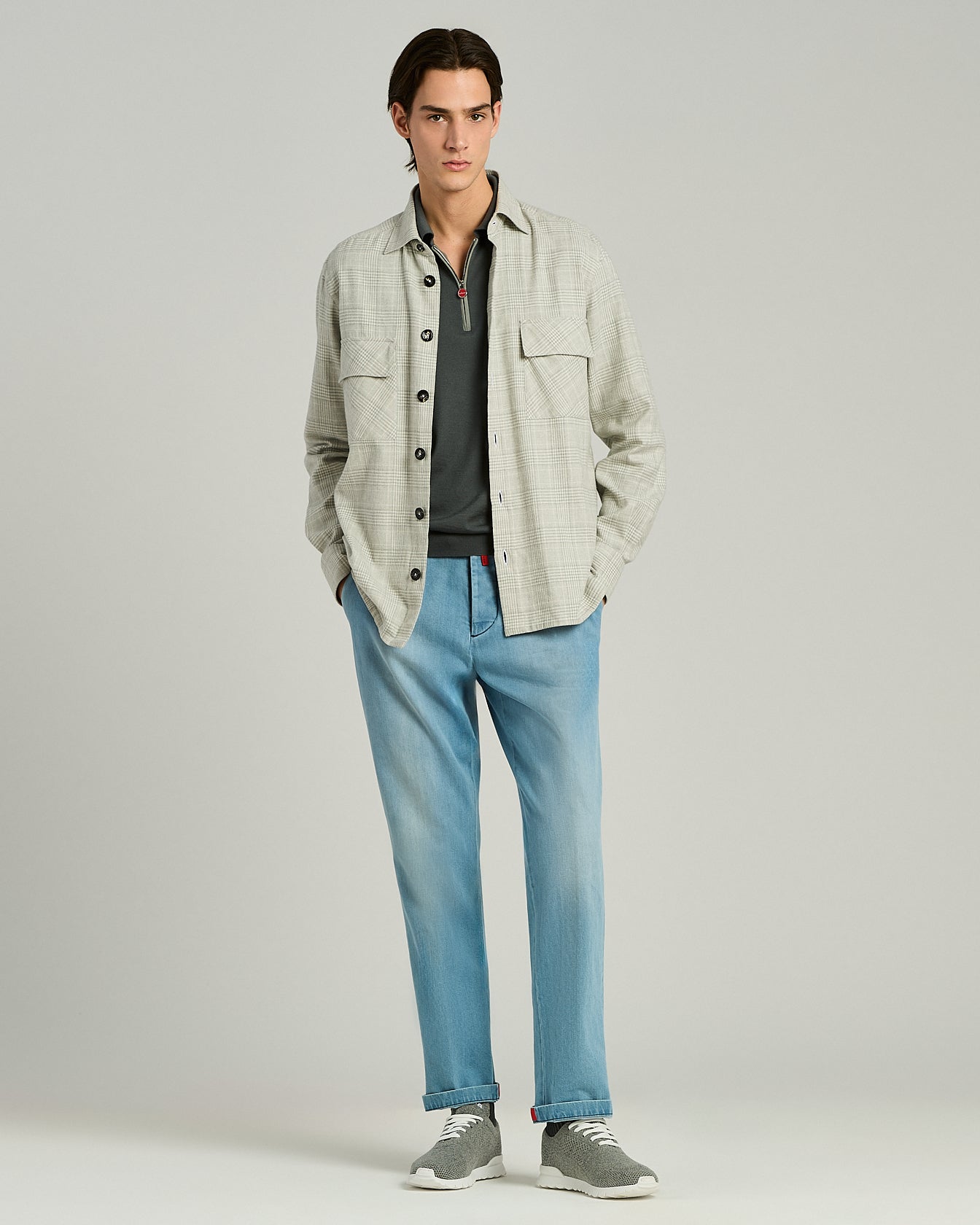 Kiton Shirts Overshirt Baumwolle Hellgrau Kariert