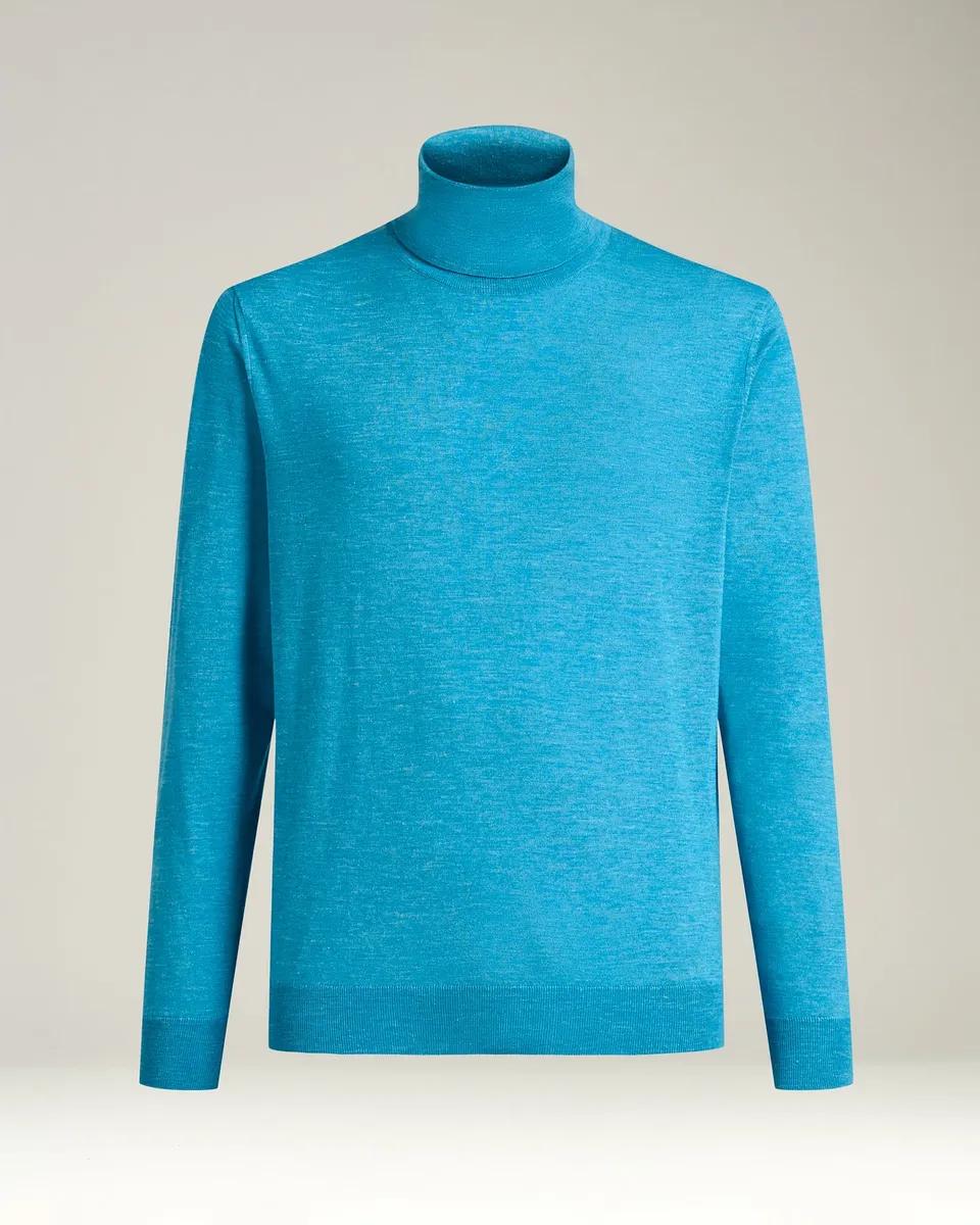 Kiton Sky Blue Turtleneck Seide Wolle Rollkragen Herren