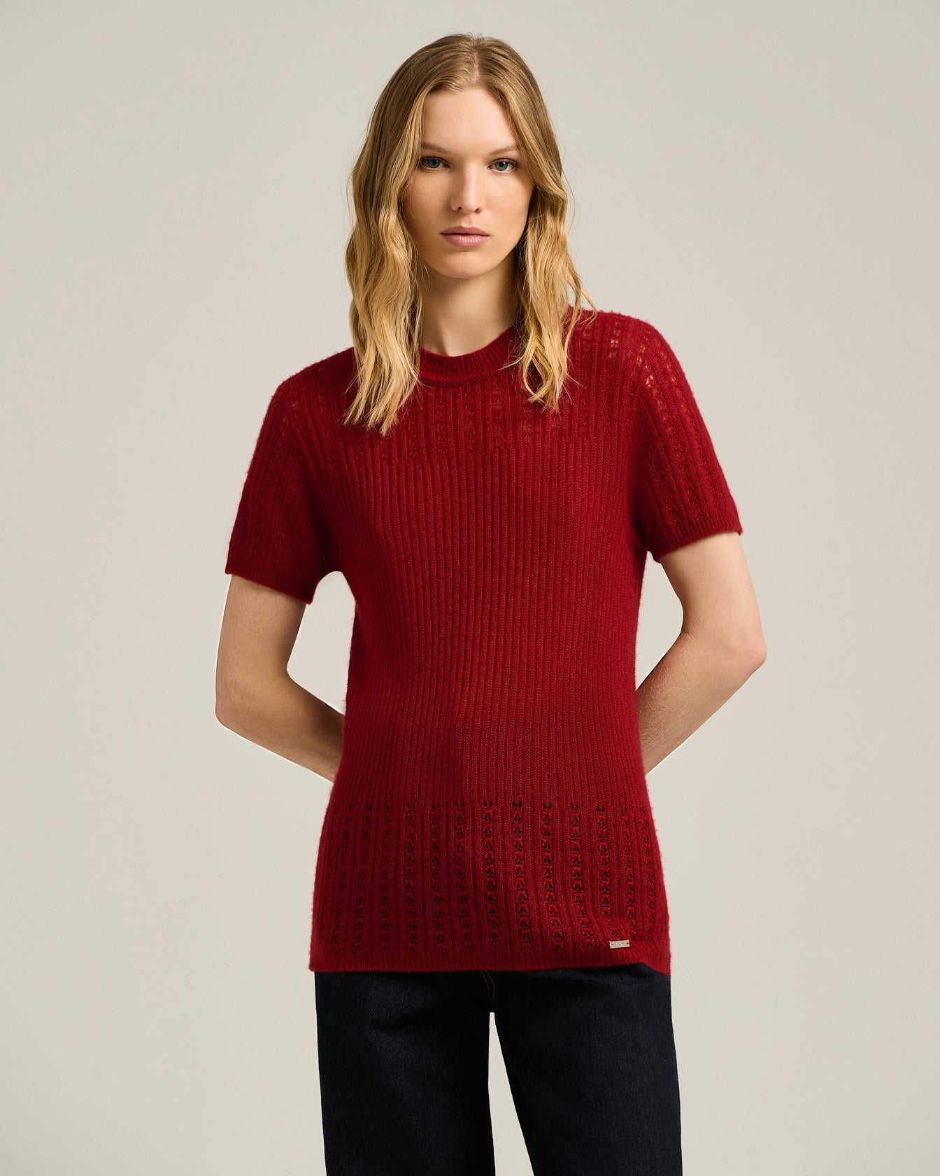 Kiton Openwork Crew Neck Pullover Burgund 46 Seide