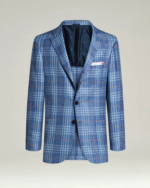 Kiton Jackets Sakko Kaschmir Seide Leinen kariert blau