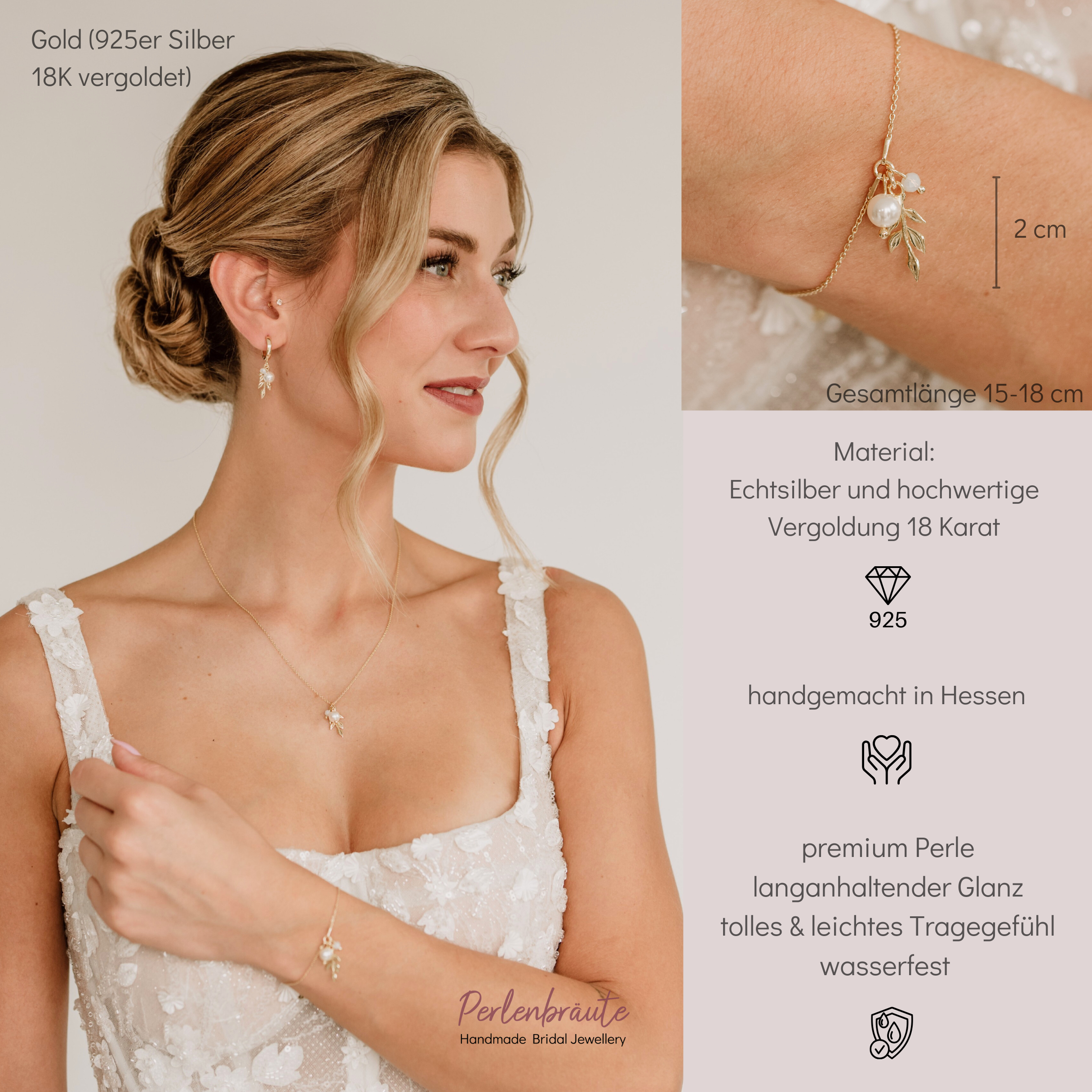 Perlenbräute Resi Armband Gold 15-18 cm Perle