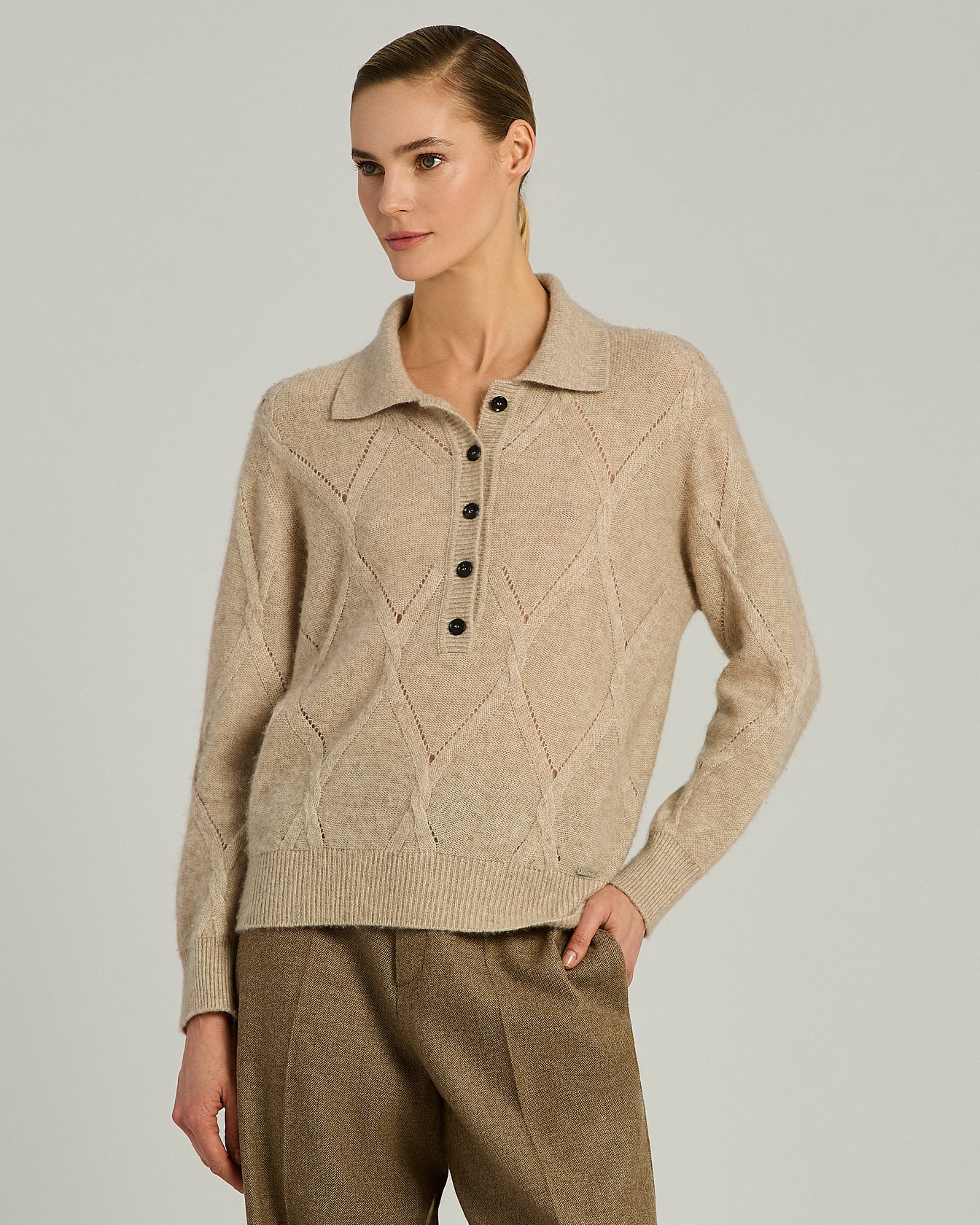 Kiton Polo Kaschmir Poloshirt Langarm Beige Damen