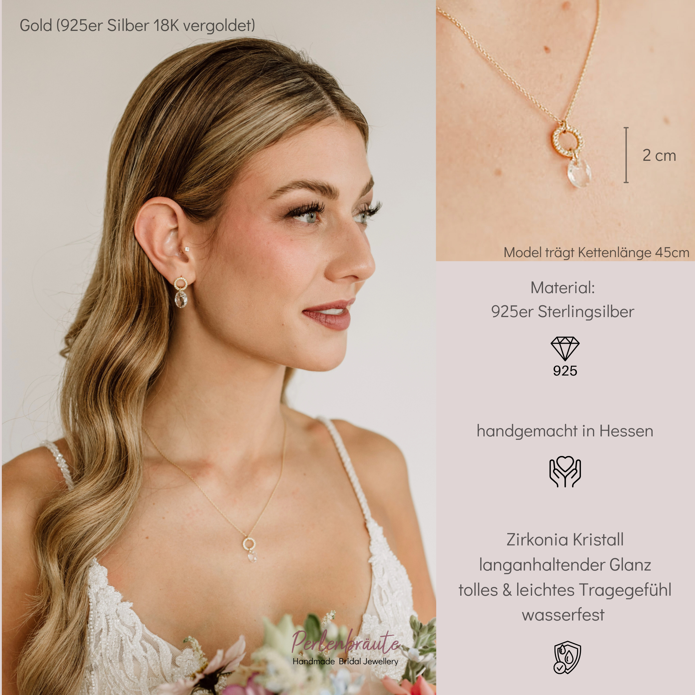 Perlenbräute Mimi Halskette Zirkonia Gold 45cm Anhänger