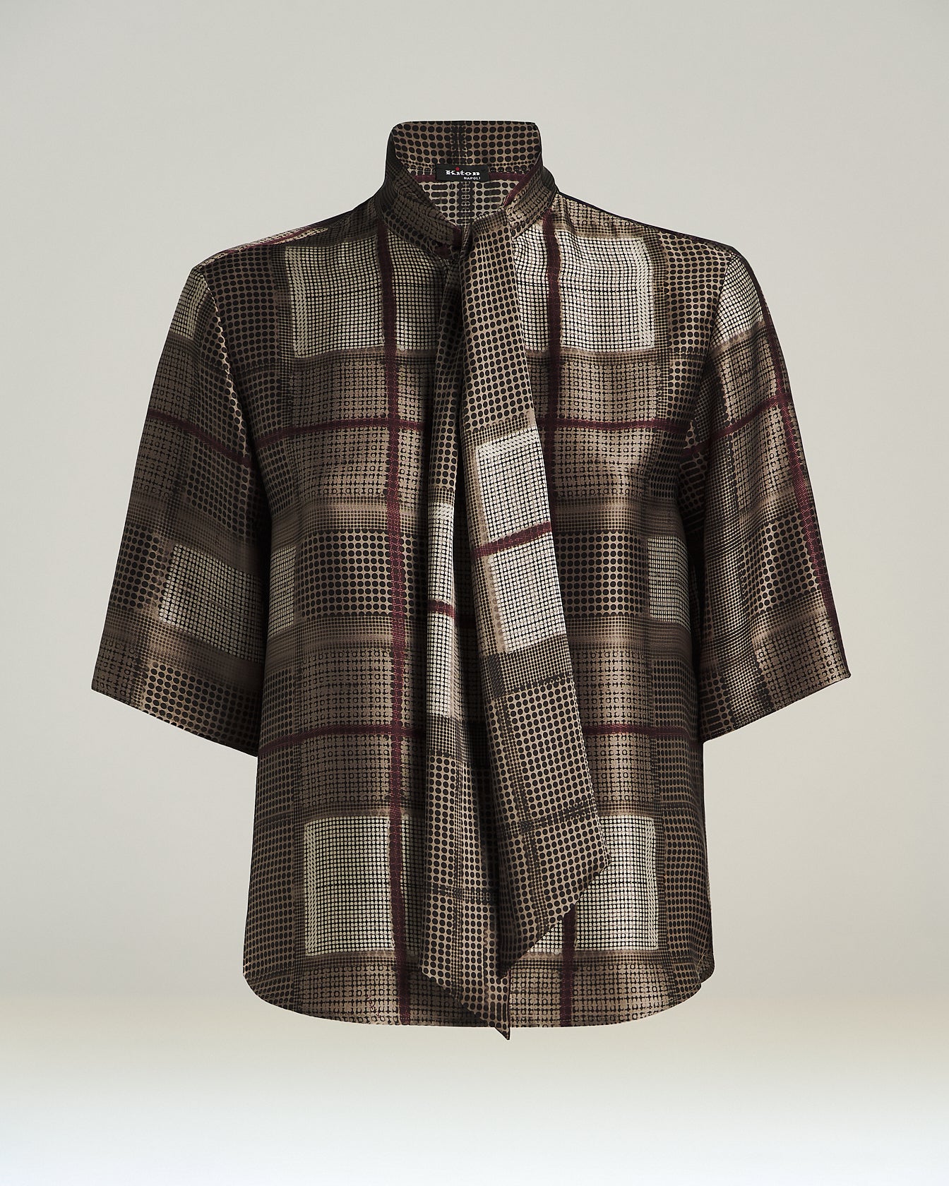 Kiton Shirts Seidenbluse Taupe Geometrie-Print 40