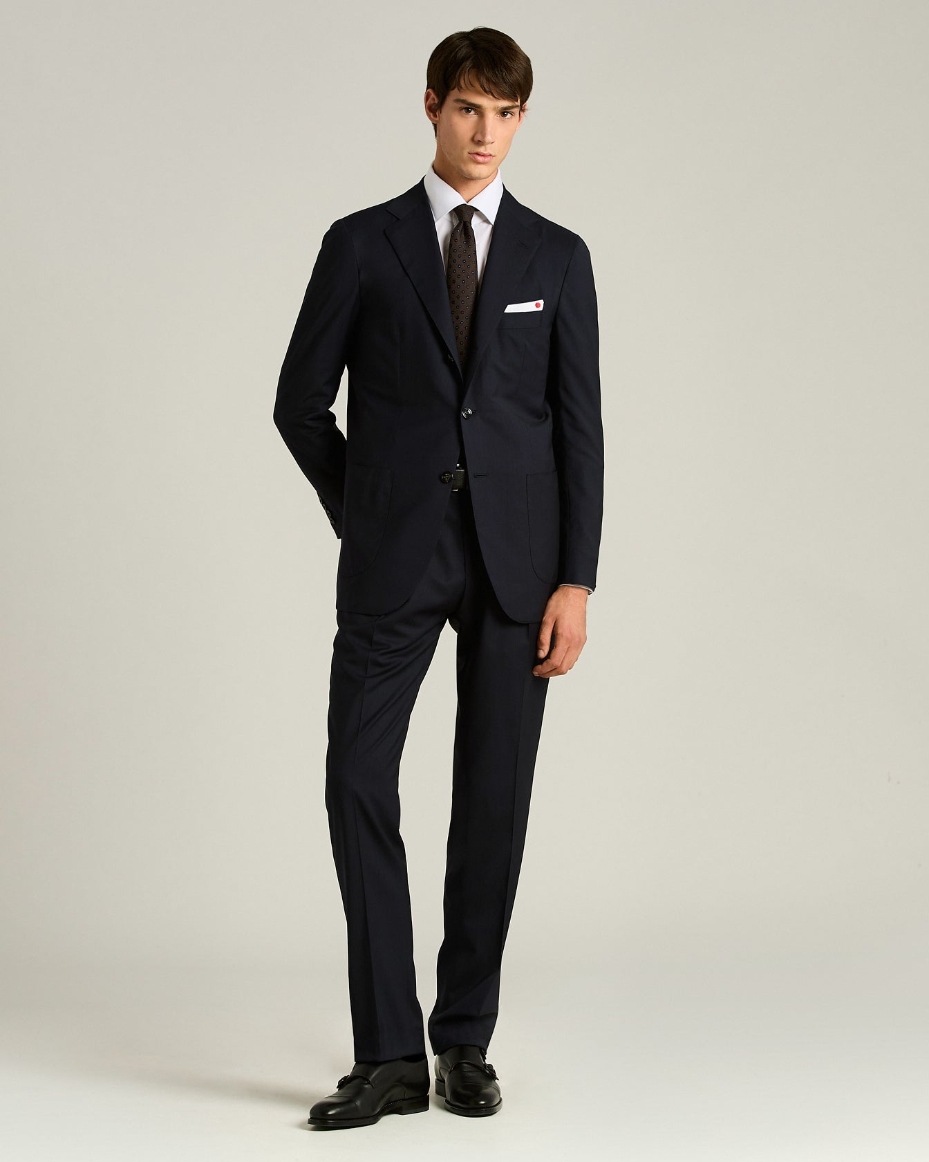 Kiton Krawatte Seide Tupfen blau auf braun 148cm