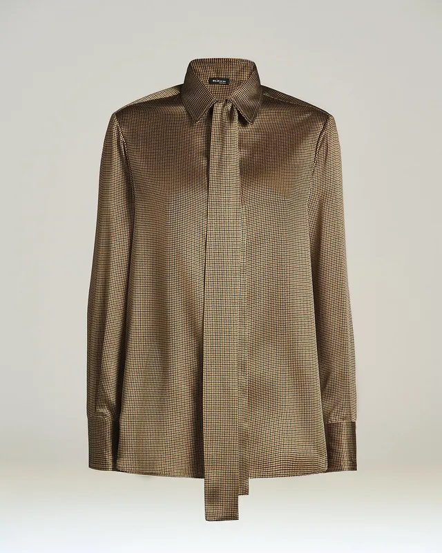 Kiton Shirts Seidenbluse beige-braun Schleife Micro