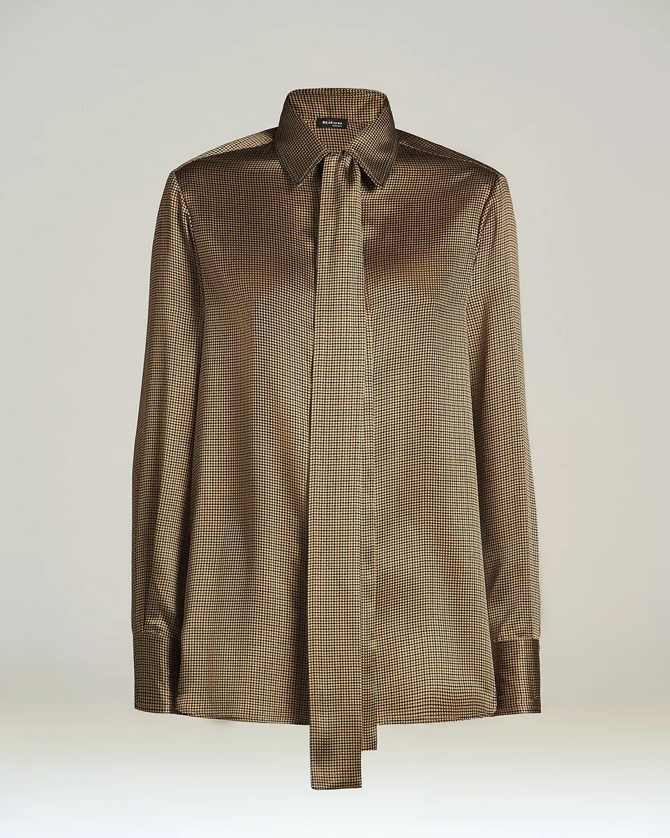 Kiton Shirts Seidenbluse beige-braun Schleife Micro