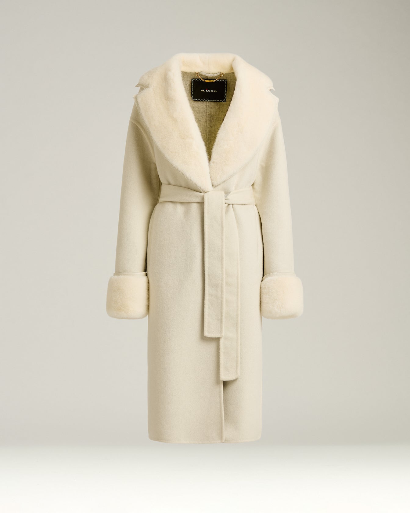 Kiton Kaschmir Mantel Weiß Pelz Gr. 40