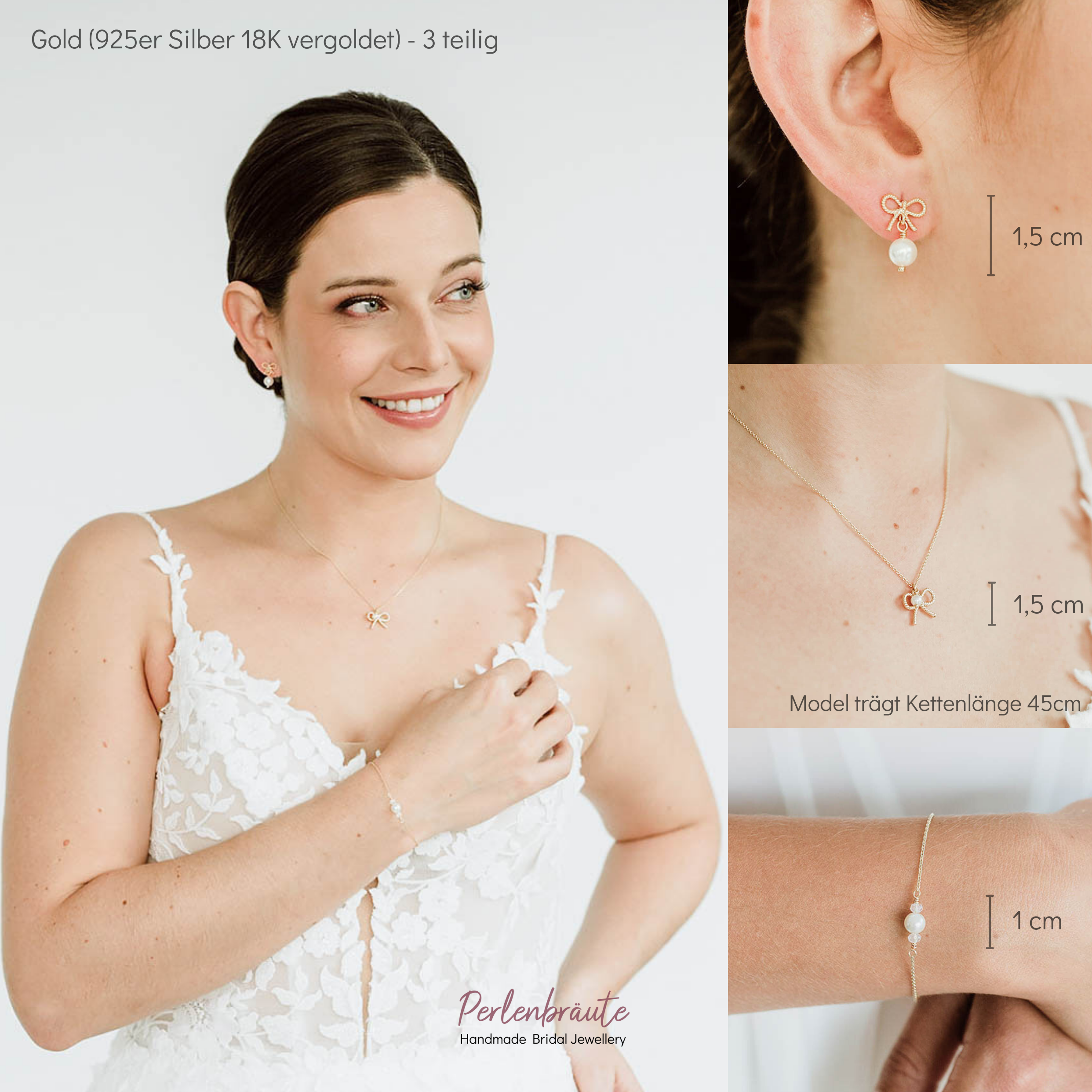 Perlenbräute Pinella Brautschmuck Set Gold mit Schleife Perle