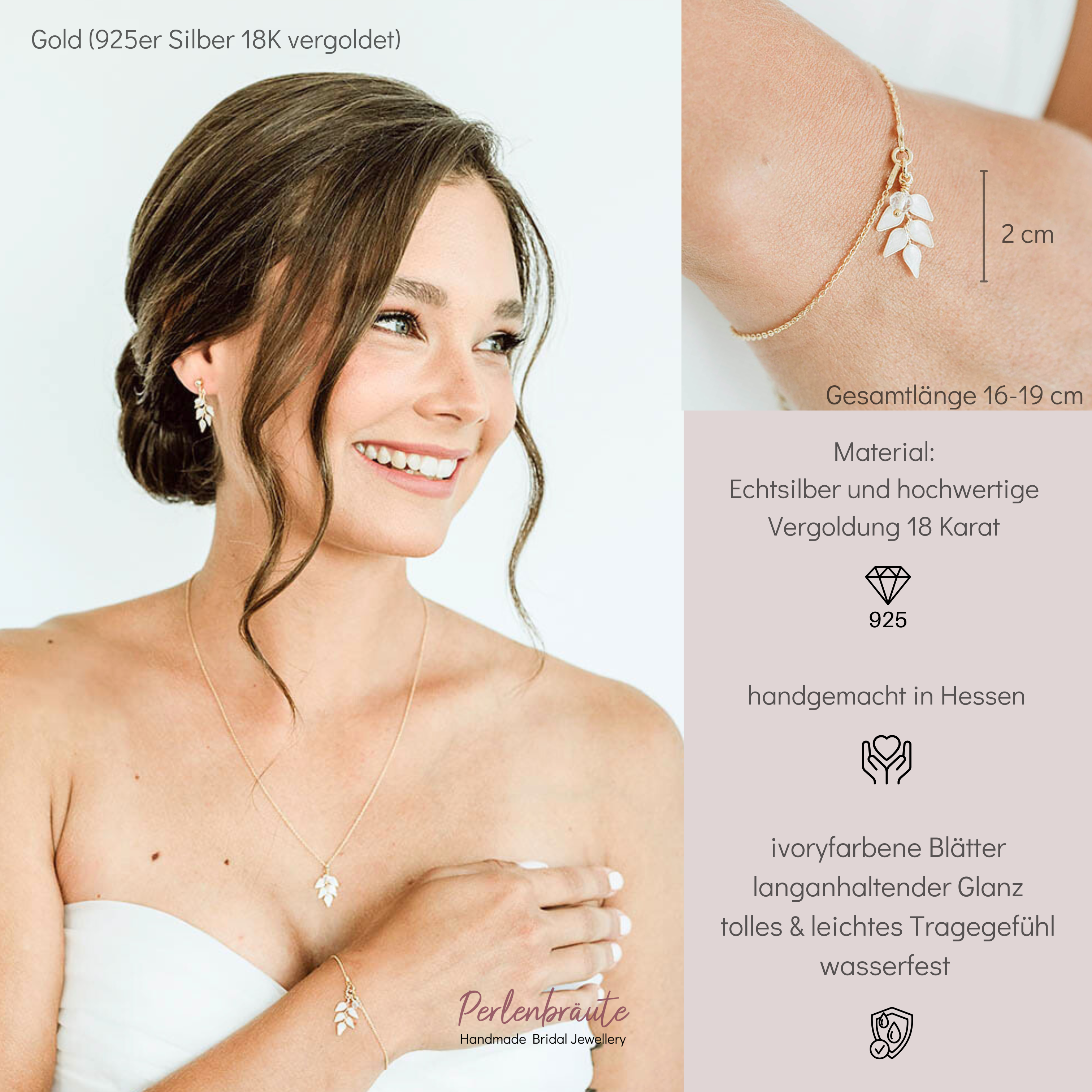 Perlenbräute Lana Armband Braut Blätter Gold 16-19 cm