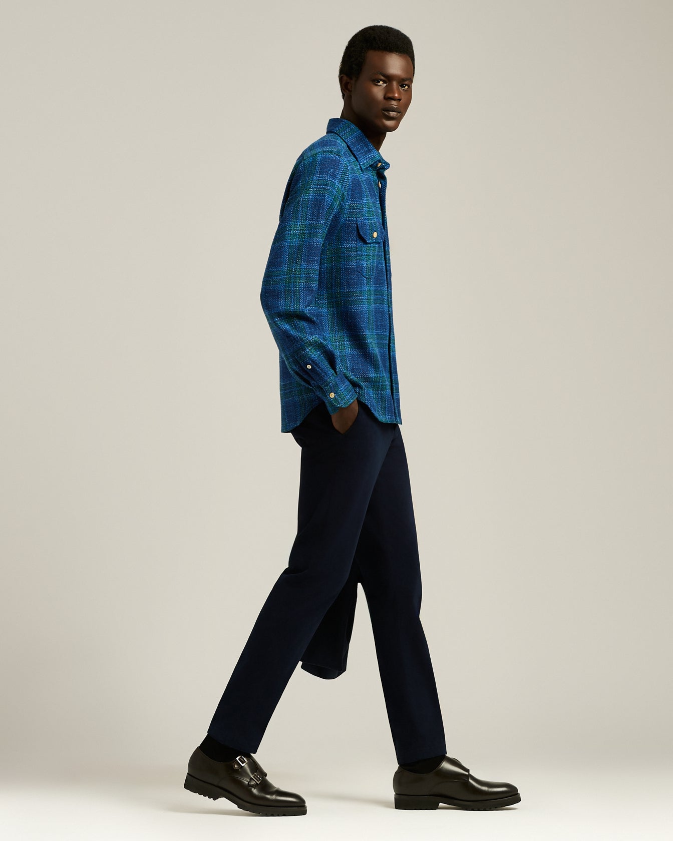 Kiton Shirts Tartan Overshirt Hemd Wolle blau
