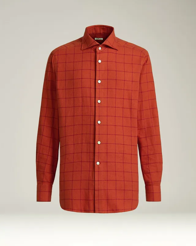 Kiton Flanell Hemd Herren Rot Kariert Baumwolle Gr. 40