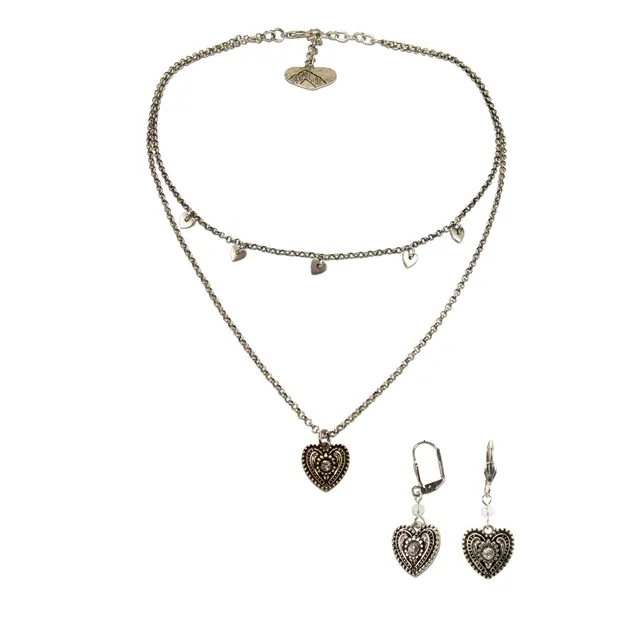 Alpenflüstern DAHEIM SET055 Trachtenschmuck-Set antik-silber Strass-Herz