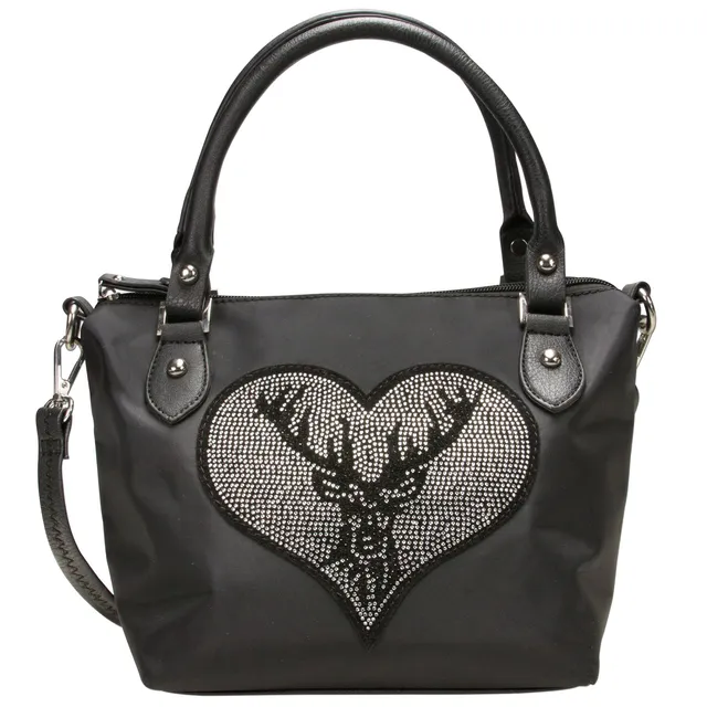 Alpenflüstern DAHEIM Trachten-Handtasche Strass-Hirsch Schwarz