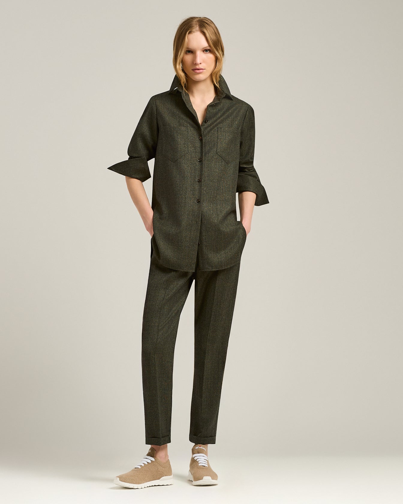 Kiton Shirts GREEN PRINCE OF WALES Bluse Wolle grün karo