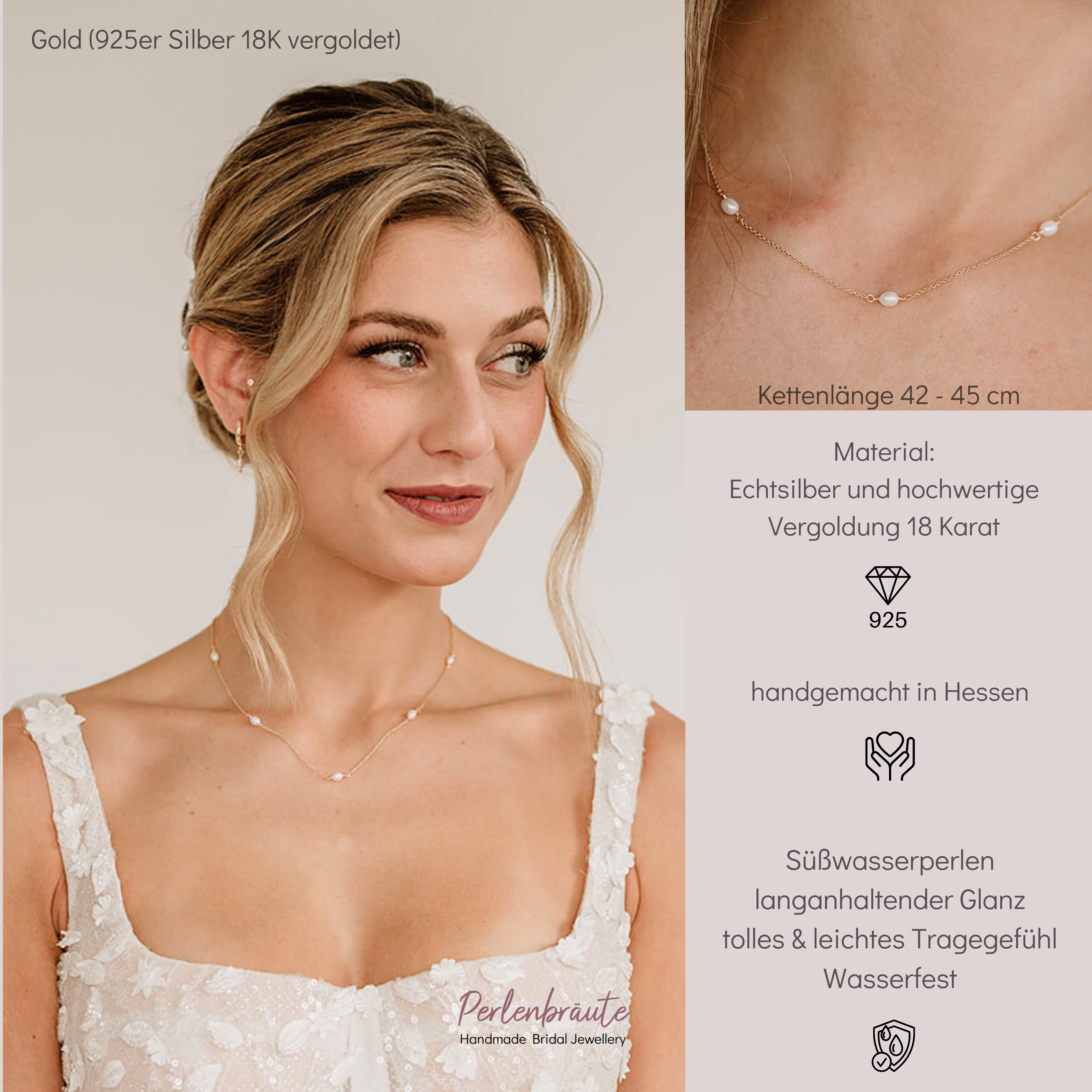 Perlenbräute Amaris Braut Halskette Perlen Gold 42-45cm