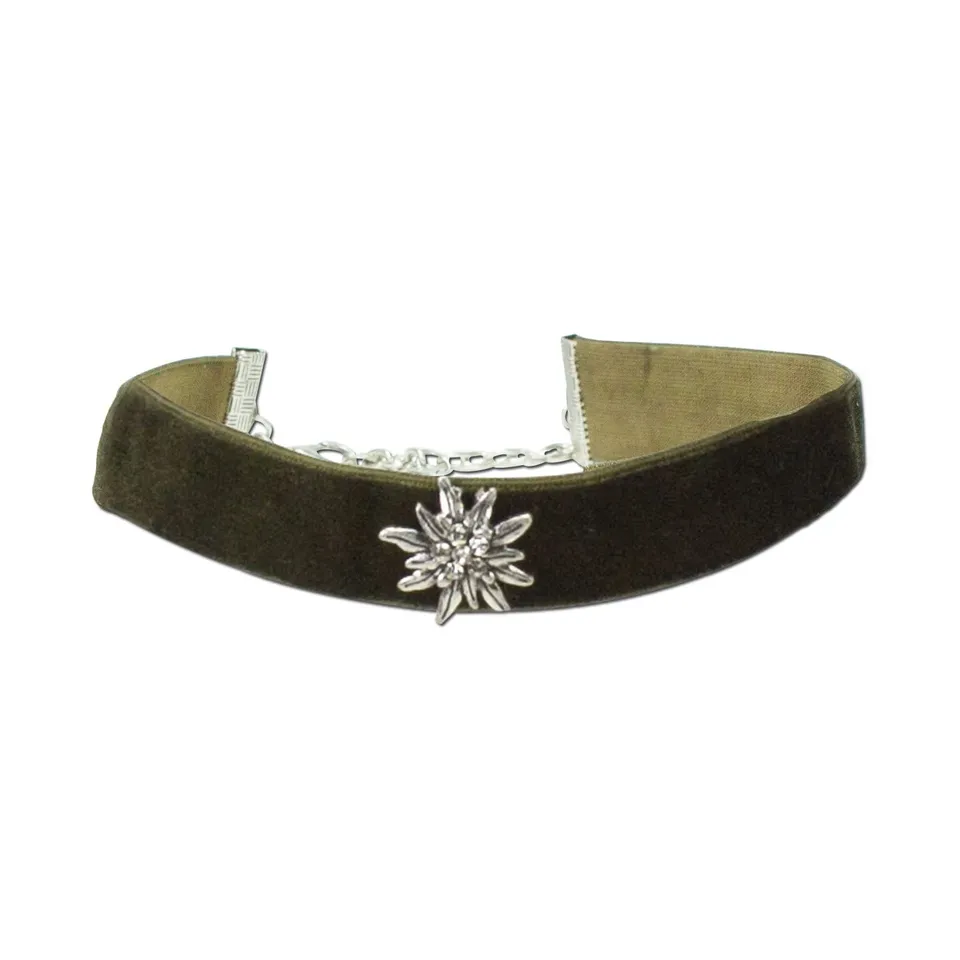 Alpenflüstern DAHEIM DHK109 Samt-Kropfband grün Strass-Edelweiß