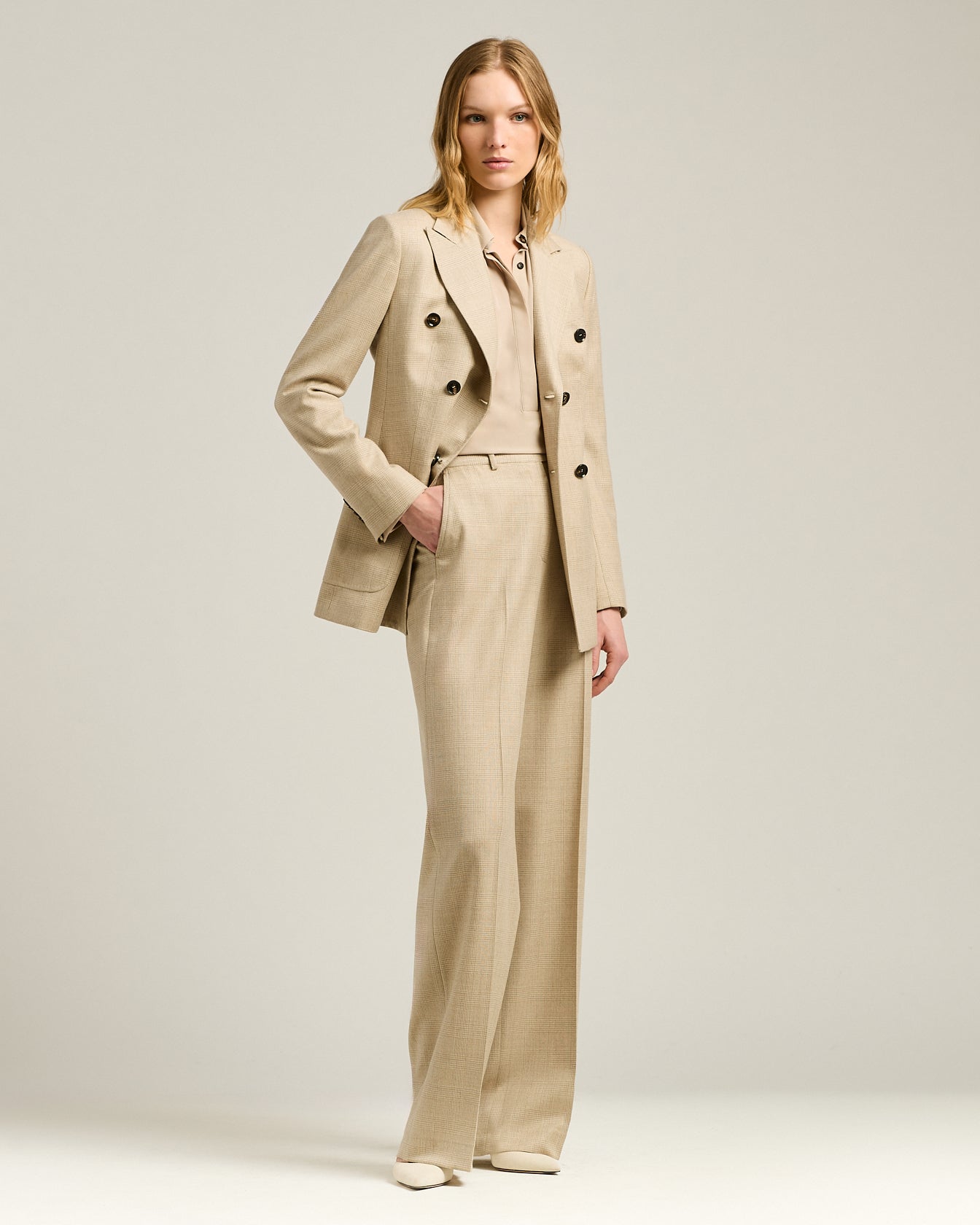 Kiton High-Waist Palazzo Hose Prince of Wales Beige Wollmix
