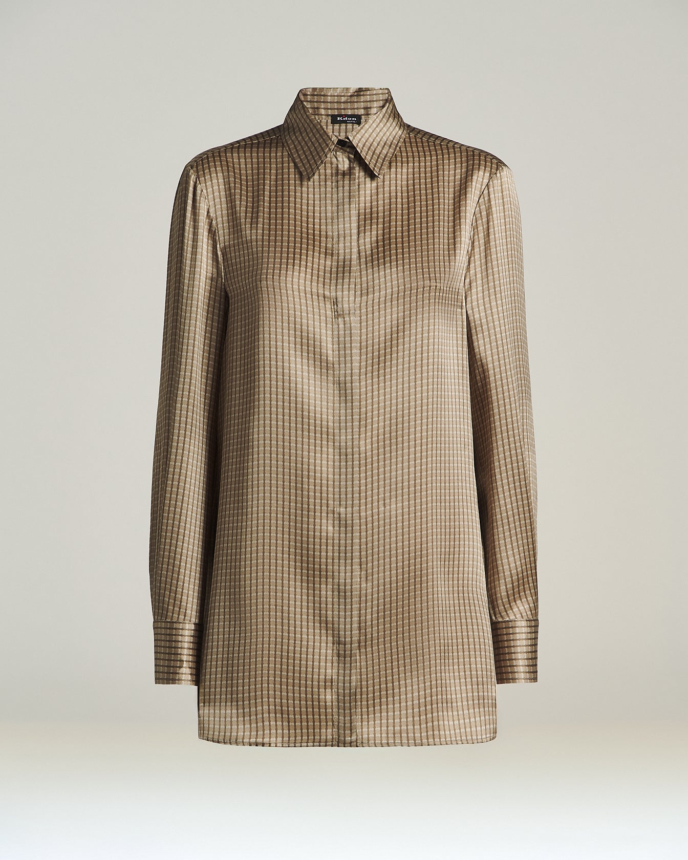 Kiton Beige Geometric Silk Shirt Seidenhemd 40 gemustert