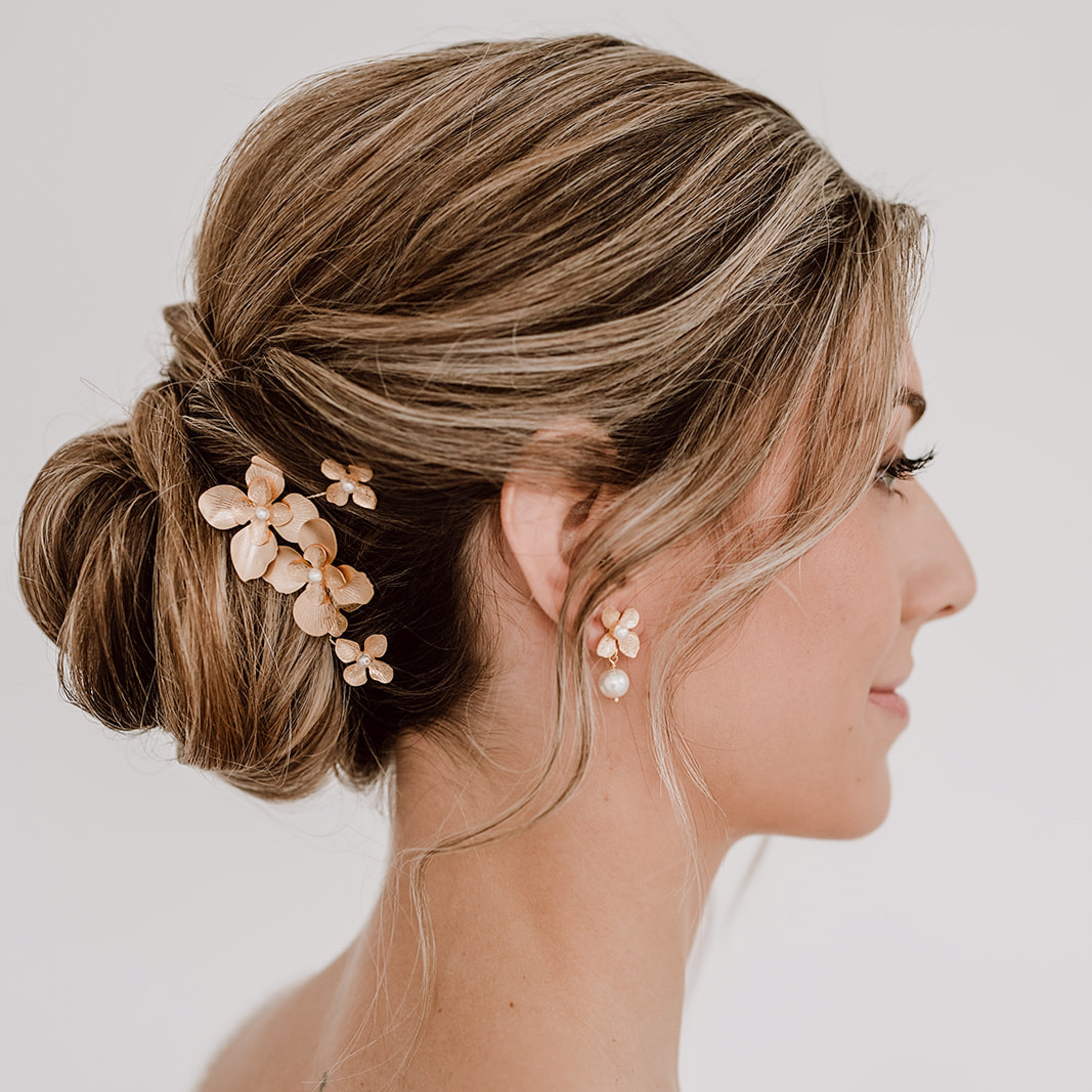 Perlenbräute Haarschmuck Vika Haarnadeln Blüten 3er Gold Perlen