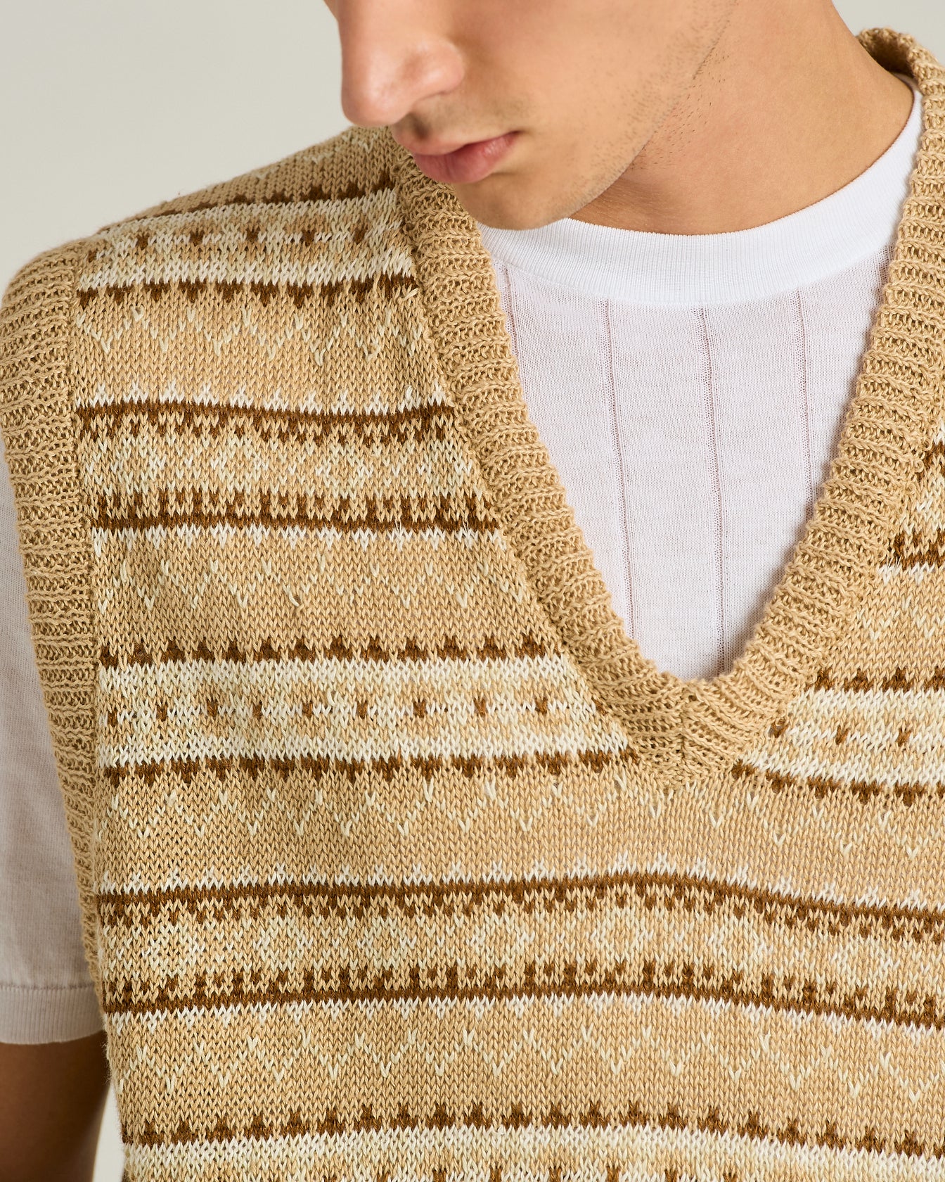 Kiton Gilet Leinen Pullunder Beige Braun V-Ausschnitt