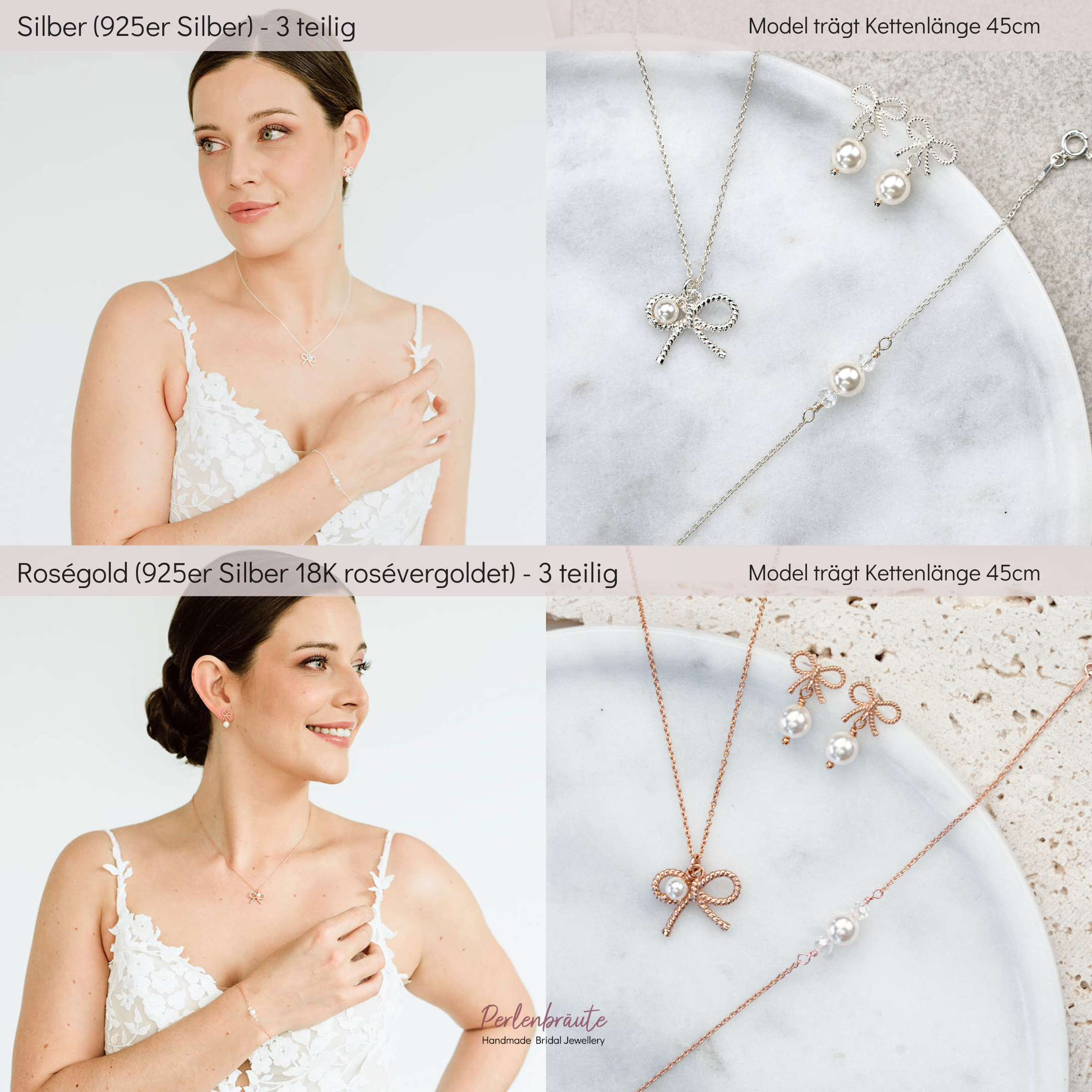 Perlenbräute Pinella Brautschmuck Set Gold mit Schleife Perle