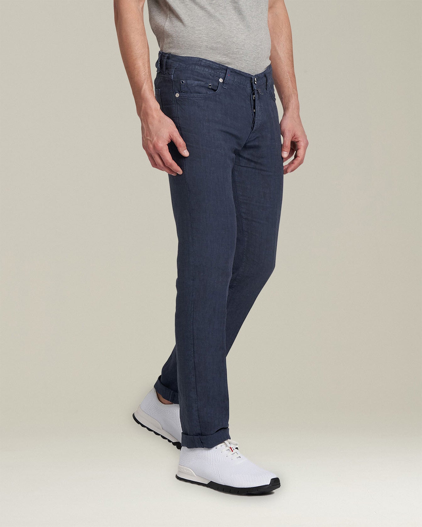Kiton Pantaloni Lino Hose Leinen Fünftaschen blau slim