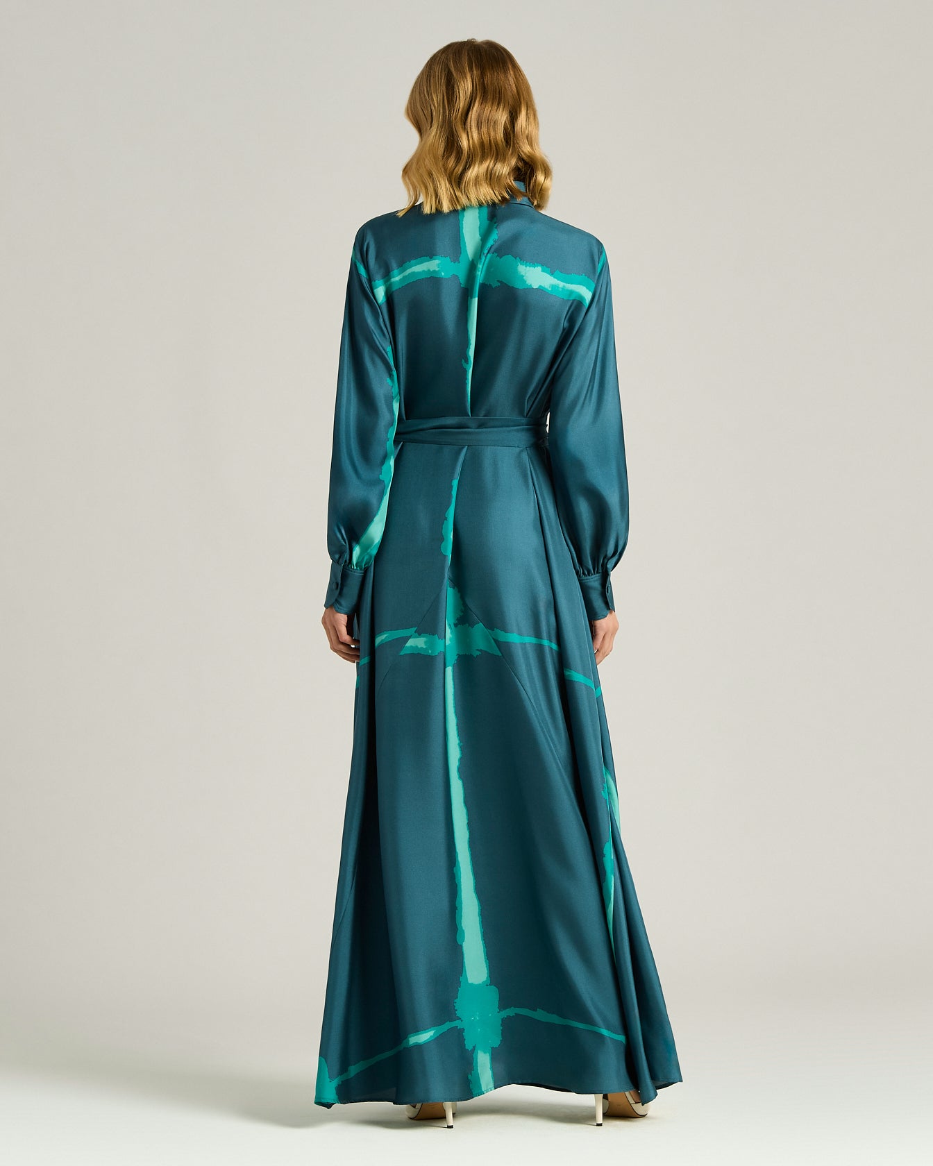 Kiton Seidenkleid Petrolgrün Print mit Gürtel