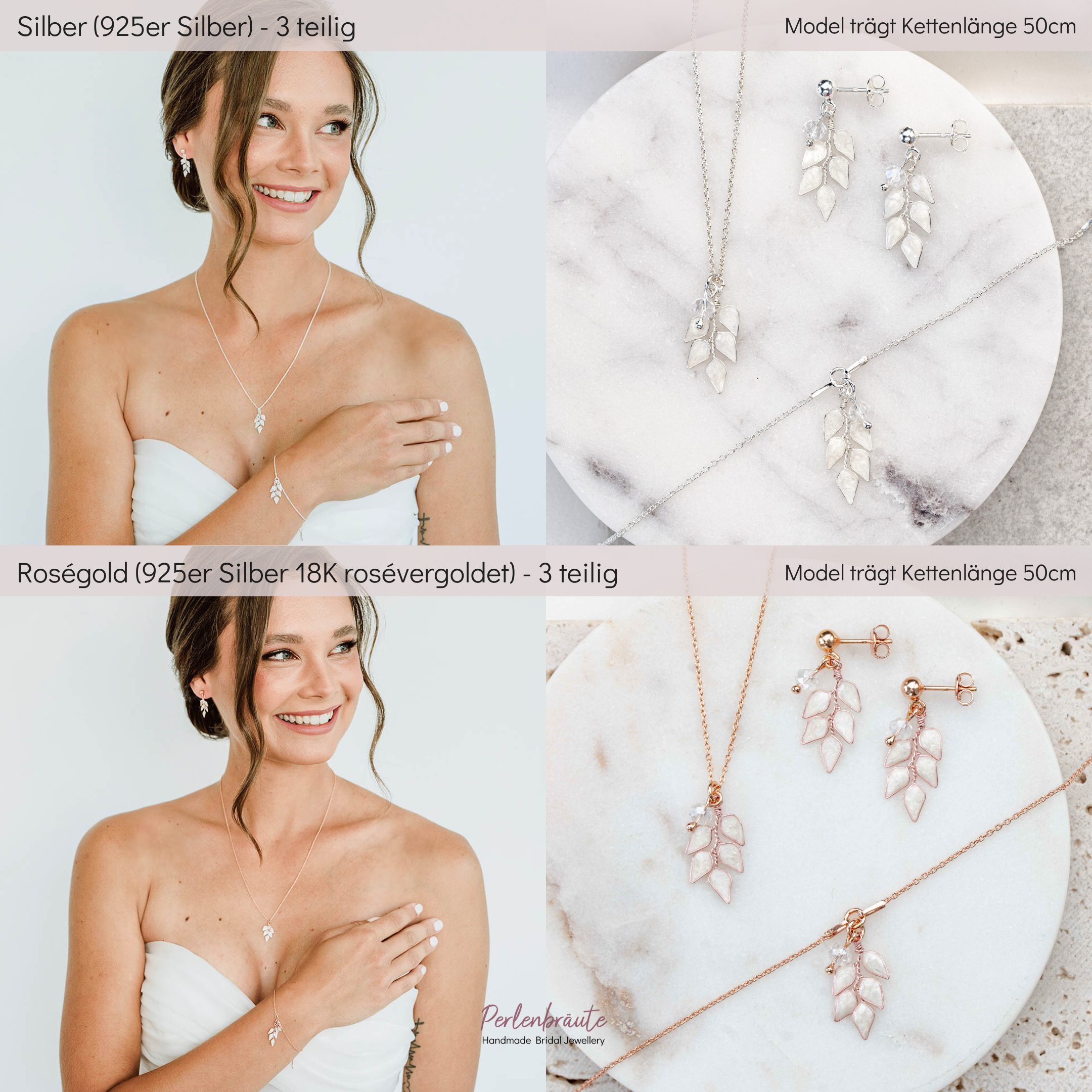 Perlenbräute Lana Brautschmuck Set Blätter Silber Kette 45cm