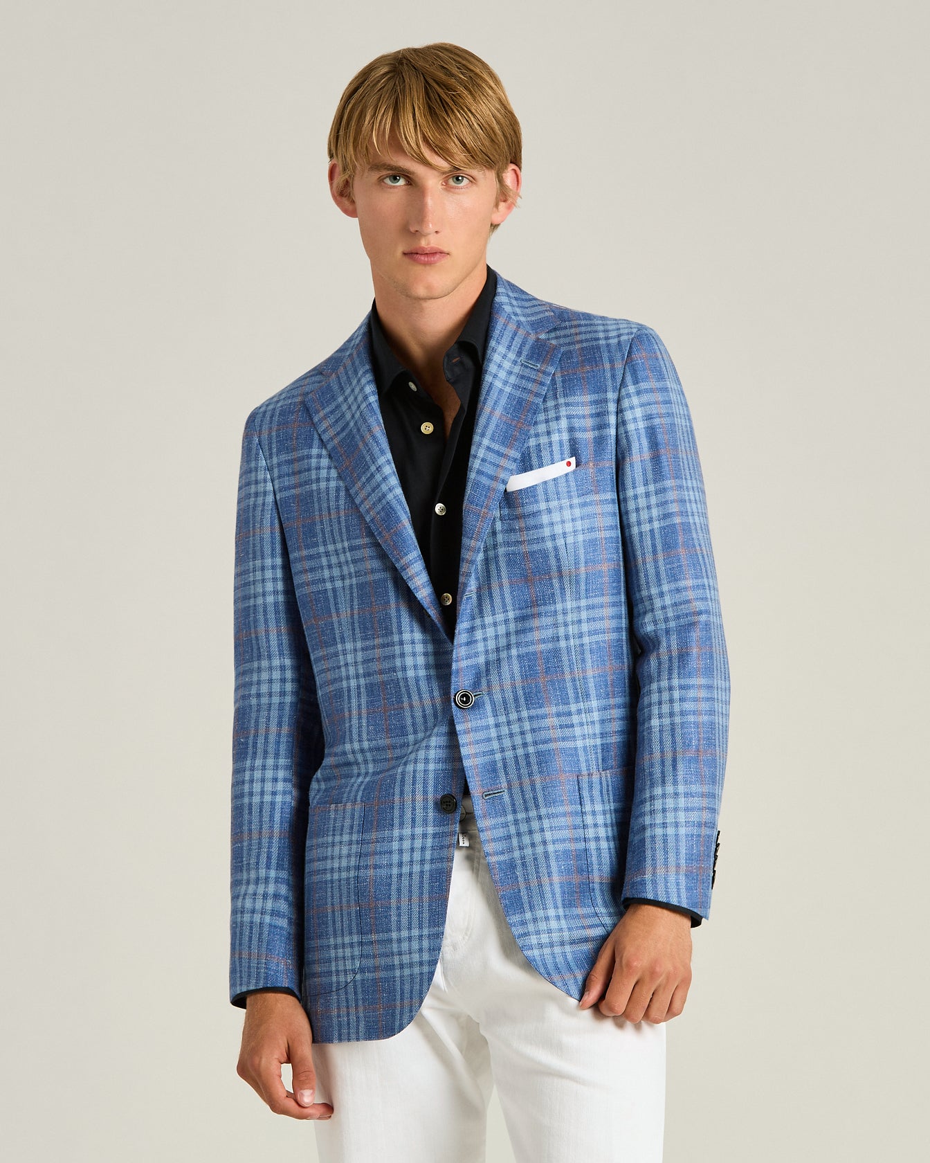 Kiton Jackets Sakko Kaschmir Seide Leinen kariert blau