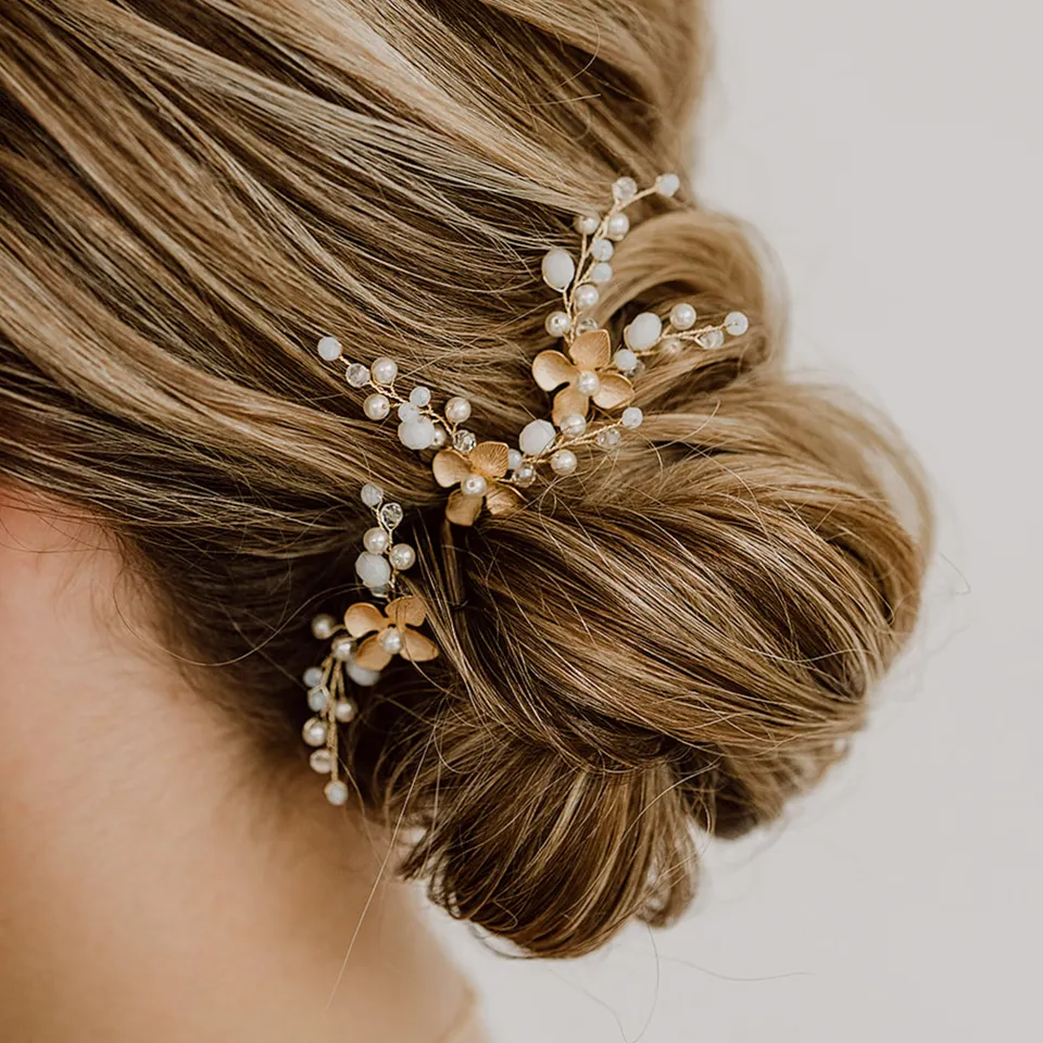 Perlenbräute Haarschmuck Babsi Haarnadeln Gold 3er Set Blüten