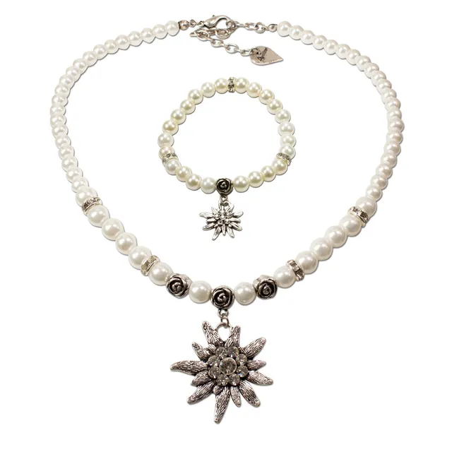 Alpenflüstern DAHEIM SET022 Perlen Trachtenset Kette Armband Creme-weiß