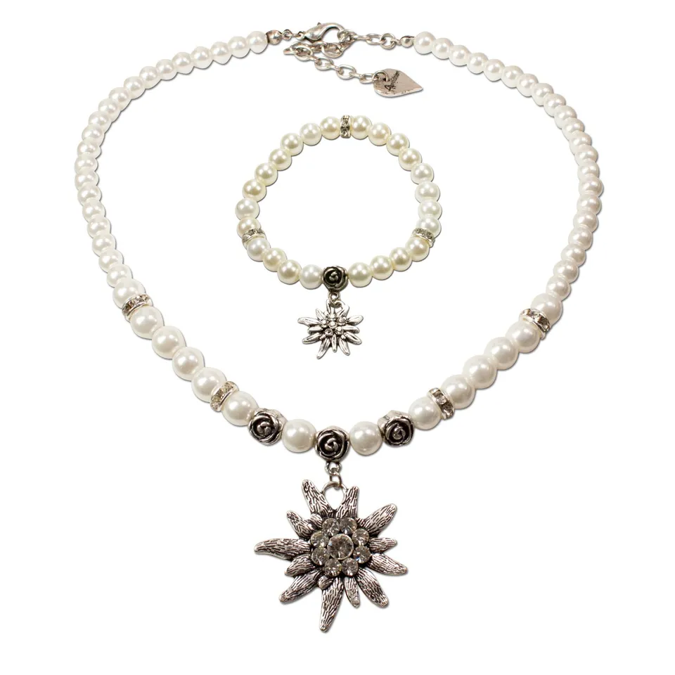 Alpenflüstern DAHEIM SET022 Perlen Trachtenset Kette Armband Creme-weiß