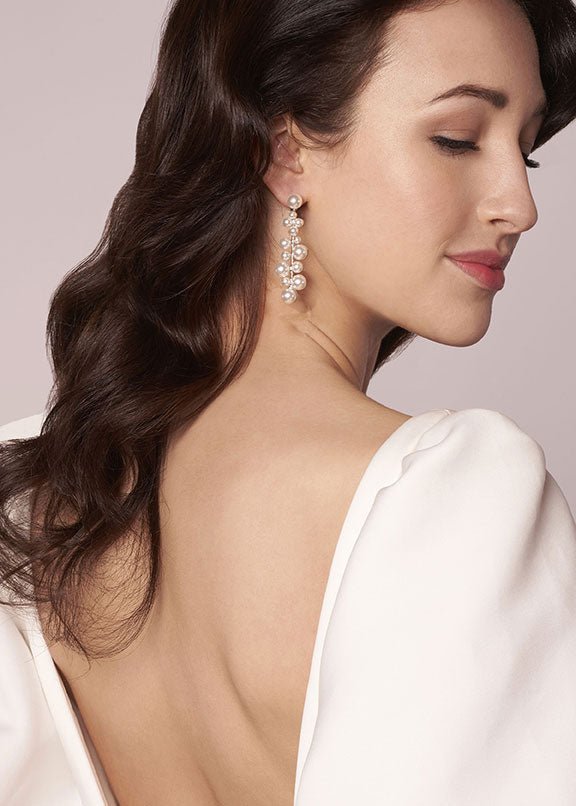 Elizabeth Bower Luster Cascade Pearl Drop Braut Ohrringe Rhodium