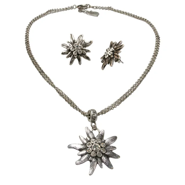 Alpenflüstern DAHEIM Schmuckset Edelweiß Strass antik-silber