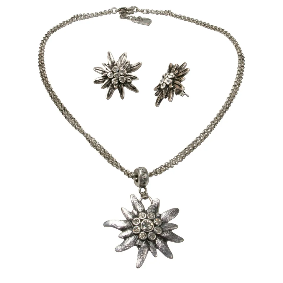 Alpenflüstern DAHEIM Schmuckset Edelweiß Strass antik-silber