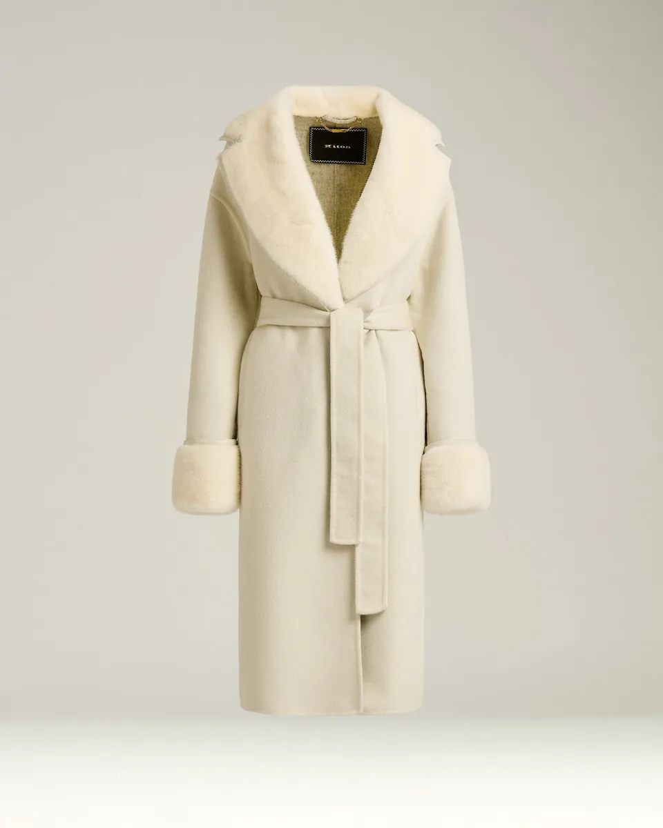 Kiton Kaschmir Mantel Weiß Pelz Gr. 40