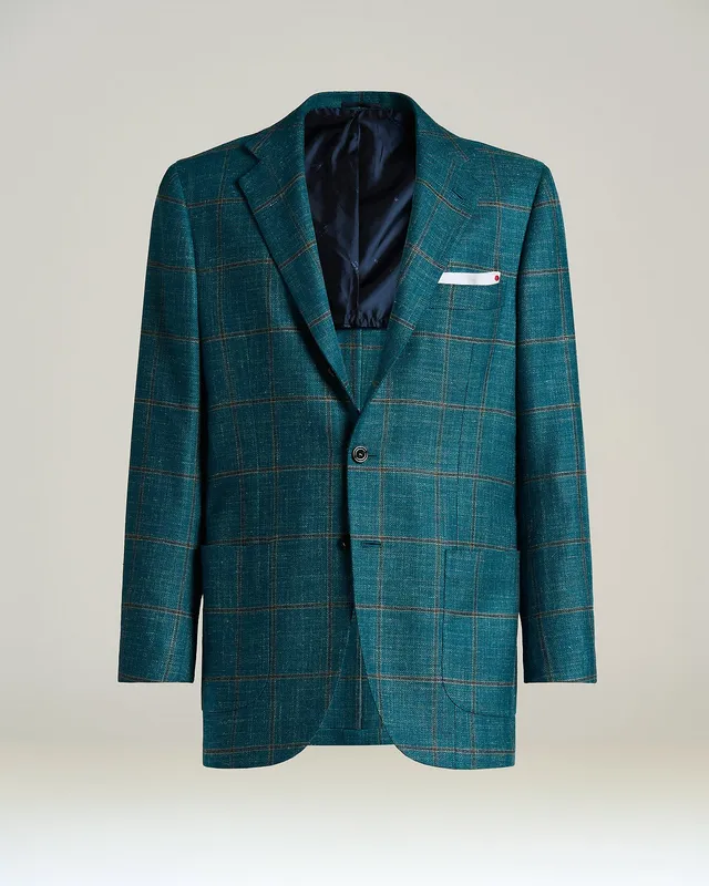 Kiton Green Checked Sakko Kaschmir Wolle Seide Leinen kariert