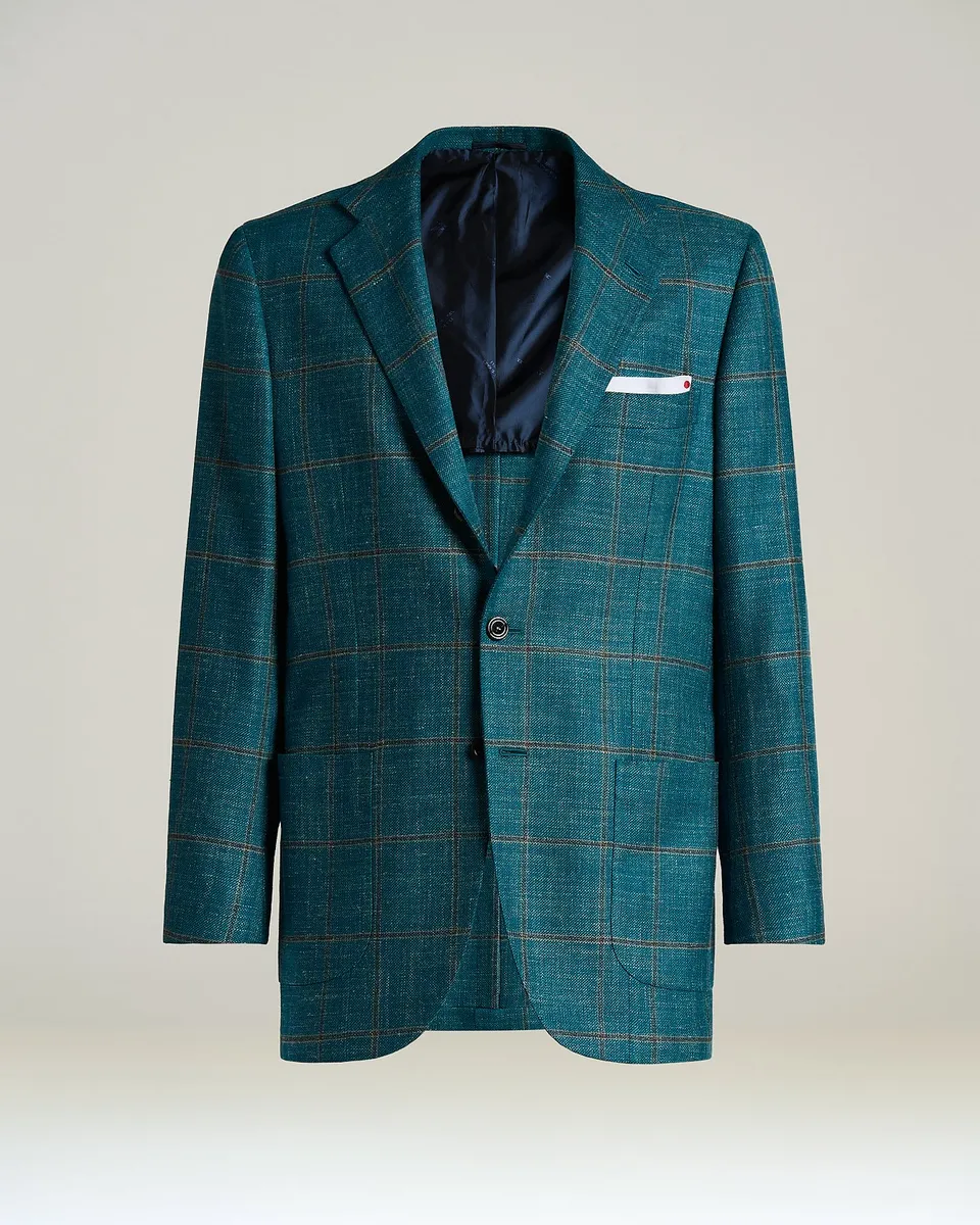 Kiton Green Checked Sakko Kaschmir Wolle Seide Leinen kariert
