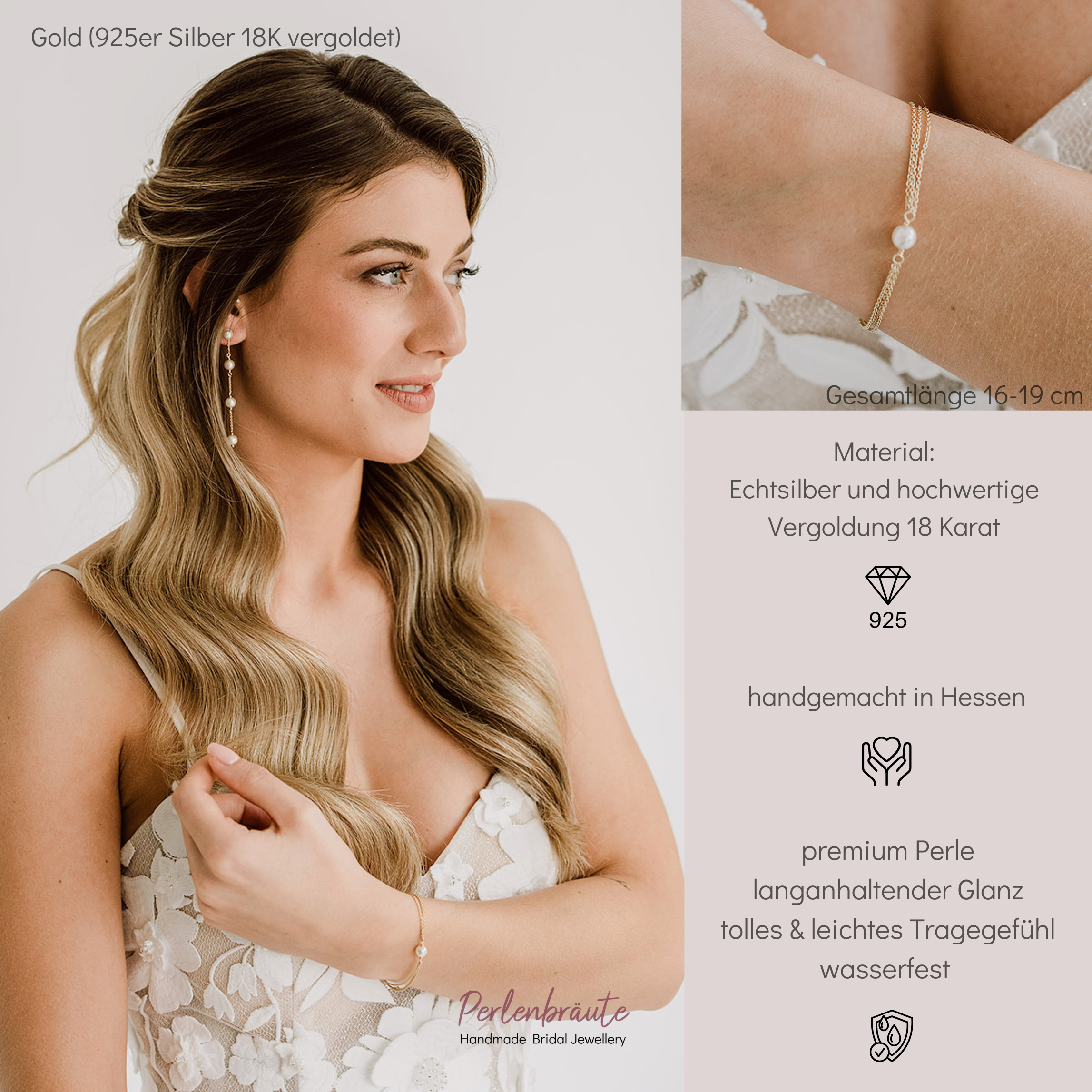 Perlenbräute Lola Armband Gold Hochzeit Perle 16-19cm
