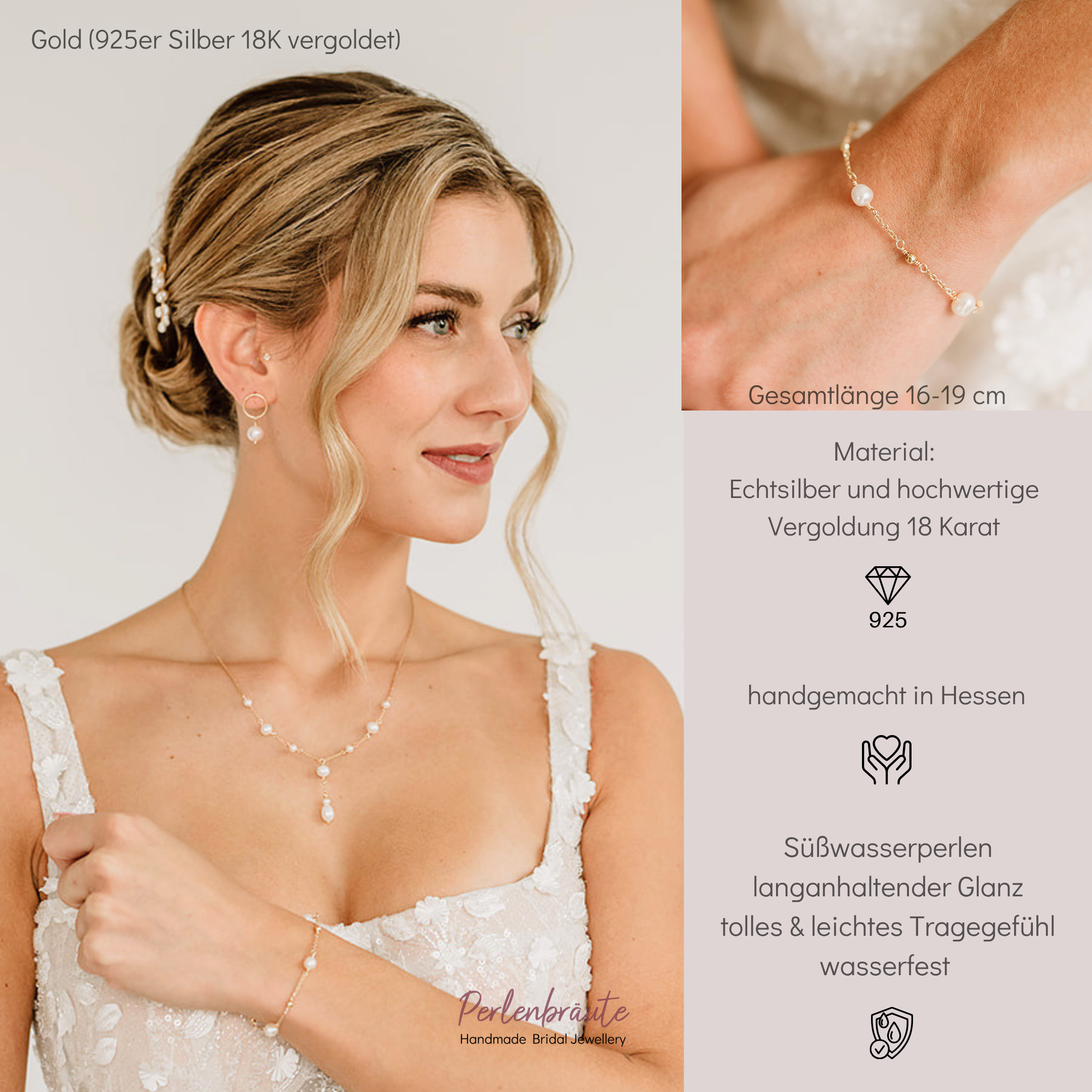 Perlenbräute Valli Brautarmband Süßwasserperlen Gold 16-19cm