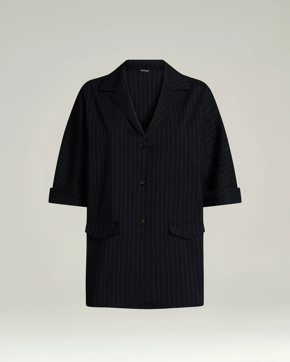 Kiton Wollhemd Schwarz Gestreift Gr. 40 leicht