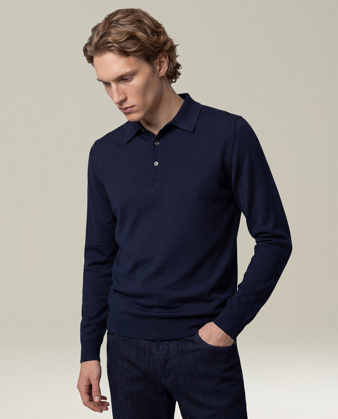 Kiton Navy 14-Micron Langarm-Polo Poloshirt Wolle