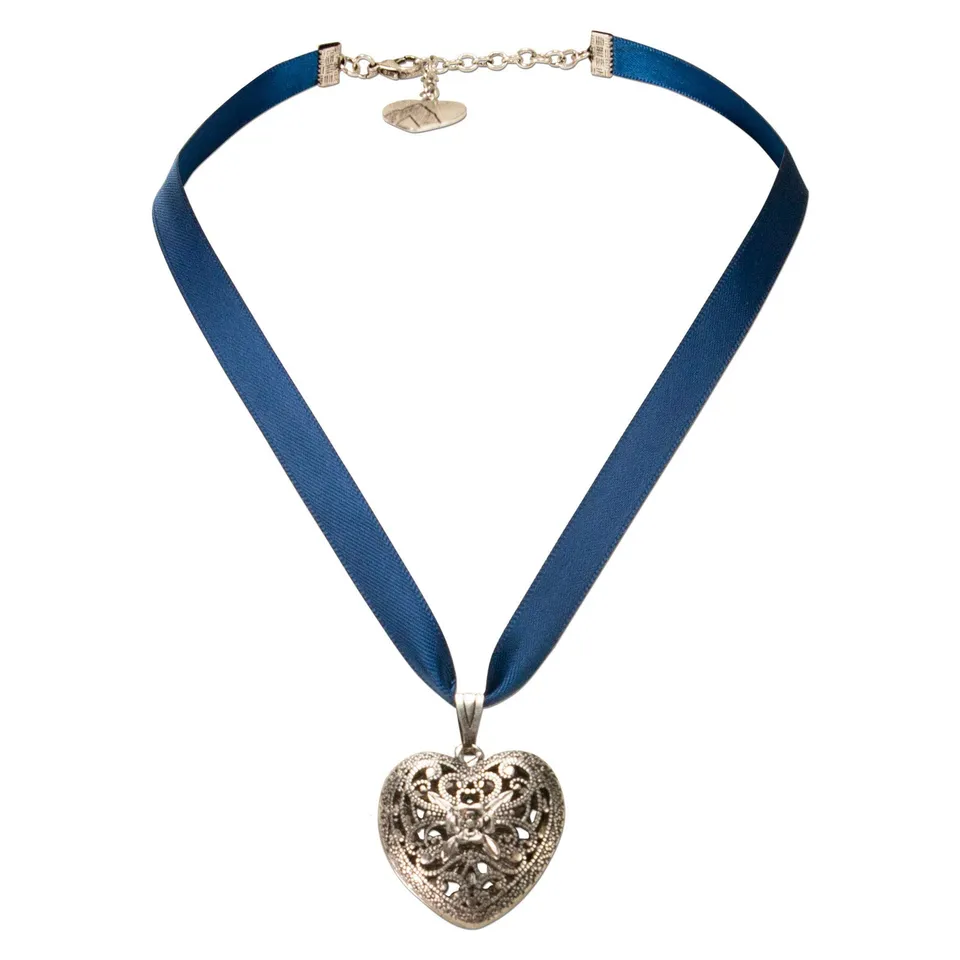 Alpenflüstern DAHEIM Trachtenherzerl Kette Satin Blau 40 cm Herz