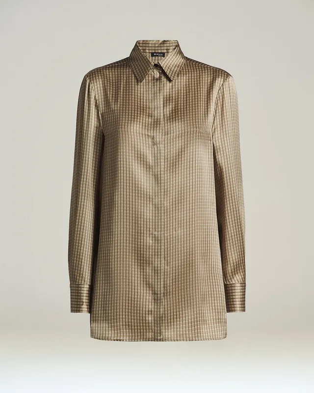 Kiton Beige Geometric Silk Shirt Seidenhemd 40 gemustert