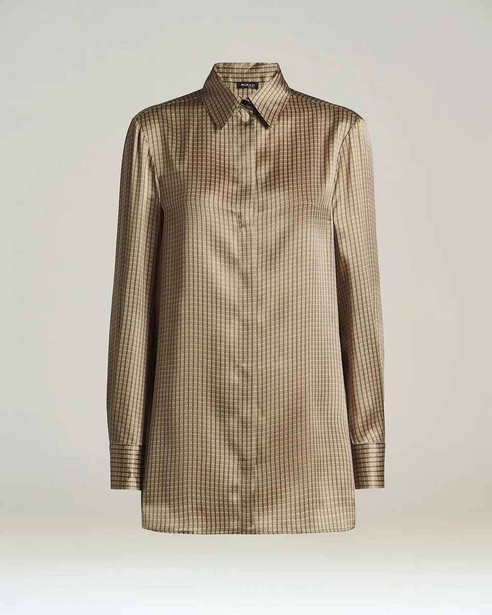 Kiton Beige Geometric Silk Shirt Seidenhemd 40 gemustert